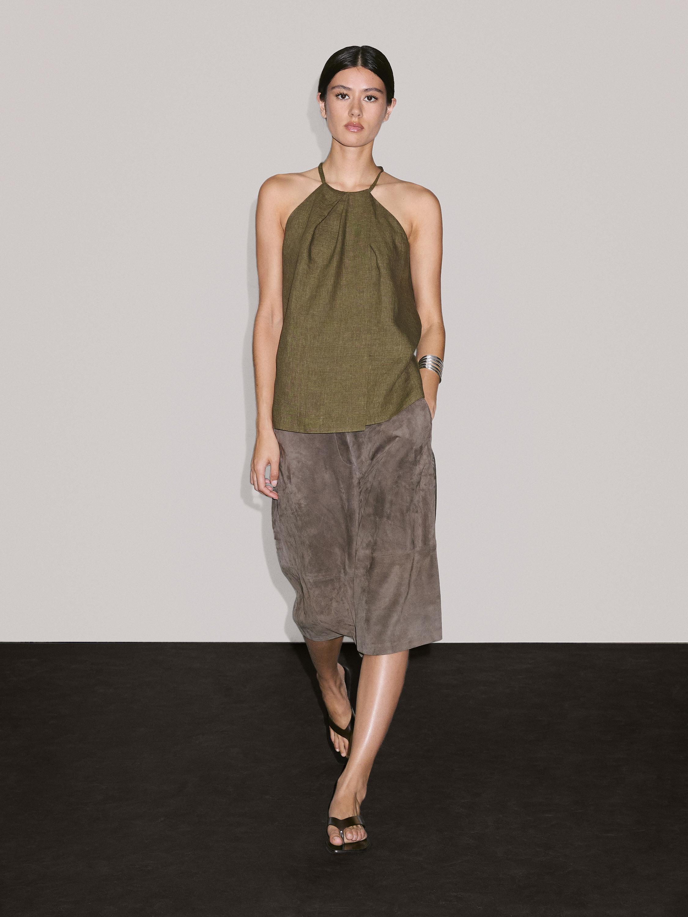 純亞麻交叉繞頸吊帶上衣