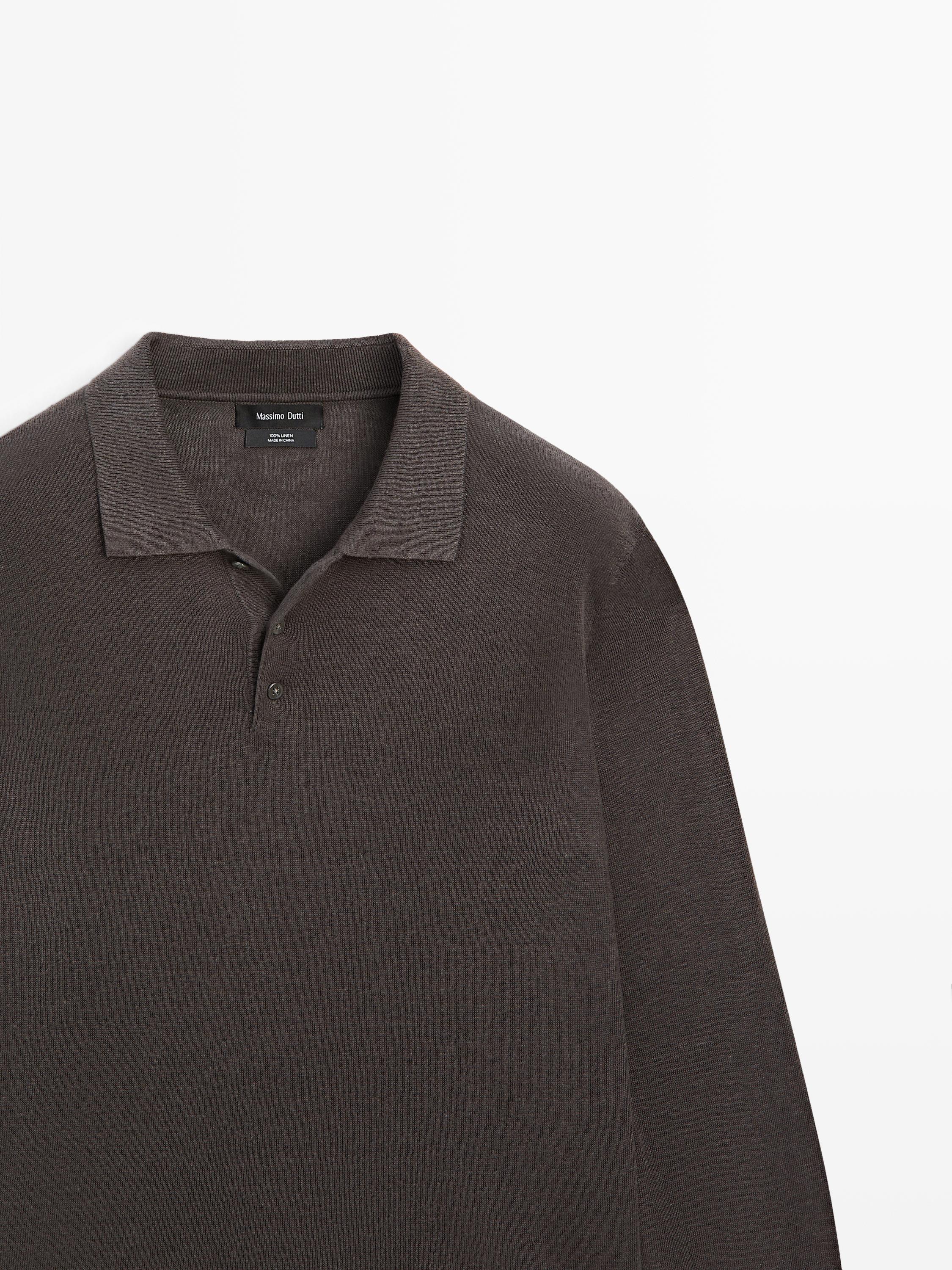 100% linen knit polo collar sweater — DARK BOTTLE GREEN
