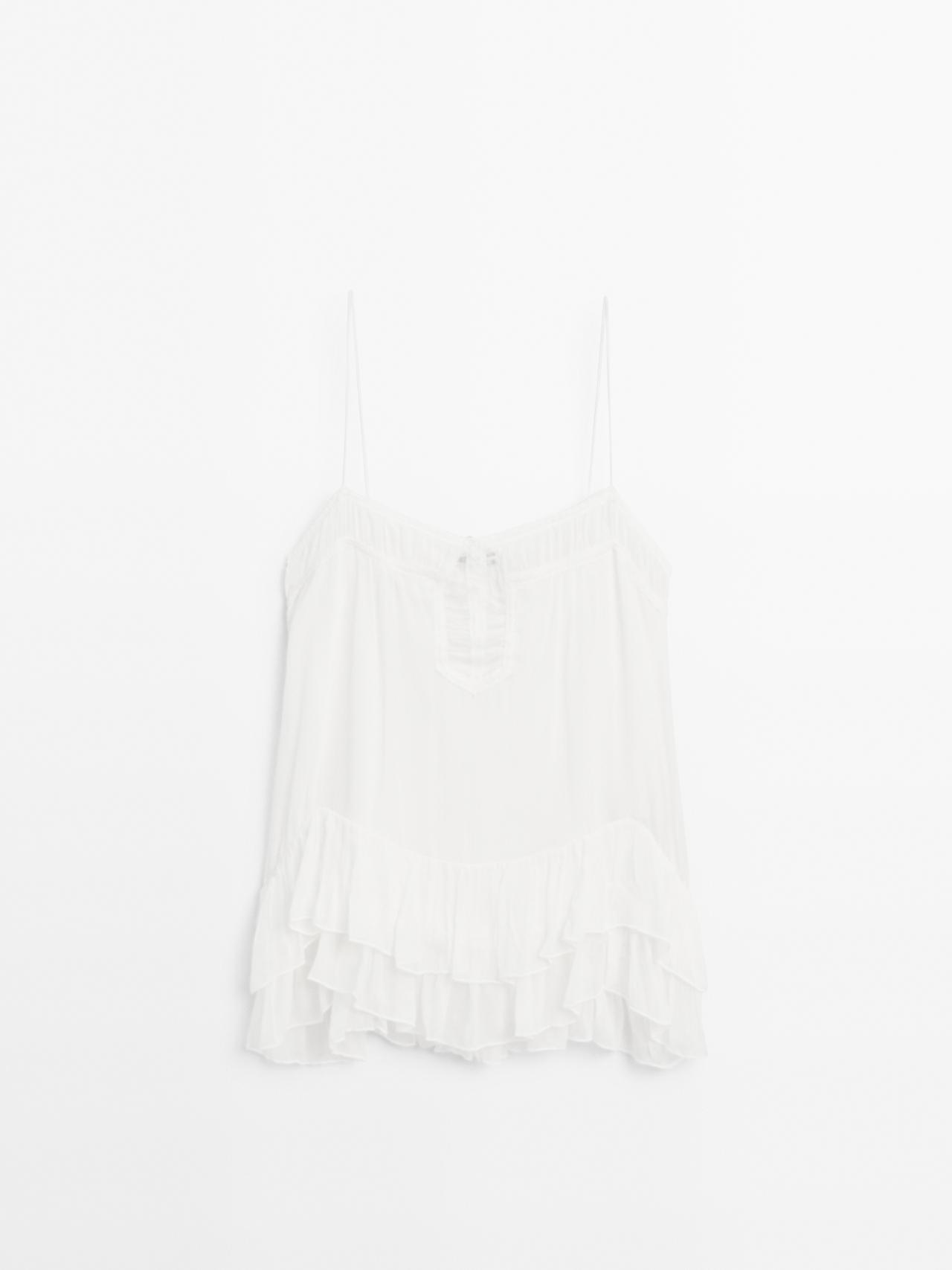 Massimo Dutti - Dame - Loose Fit Top Med Stropper Og Flæser - Hvid - L
