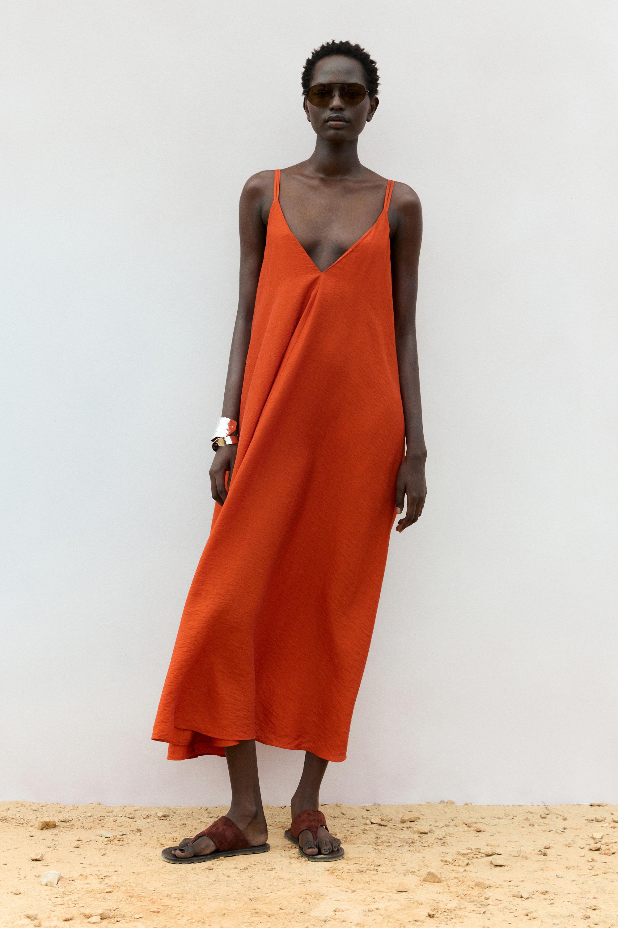 Long flowing dress with double fabric  Burnt Orange  Dress | Massimo Dutti