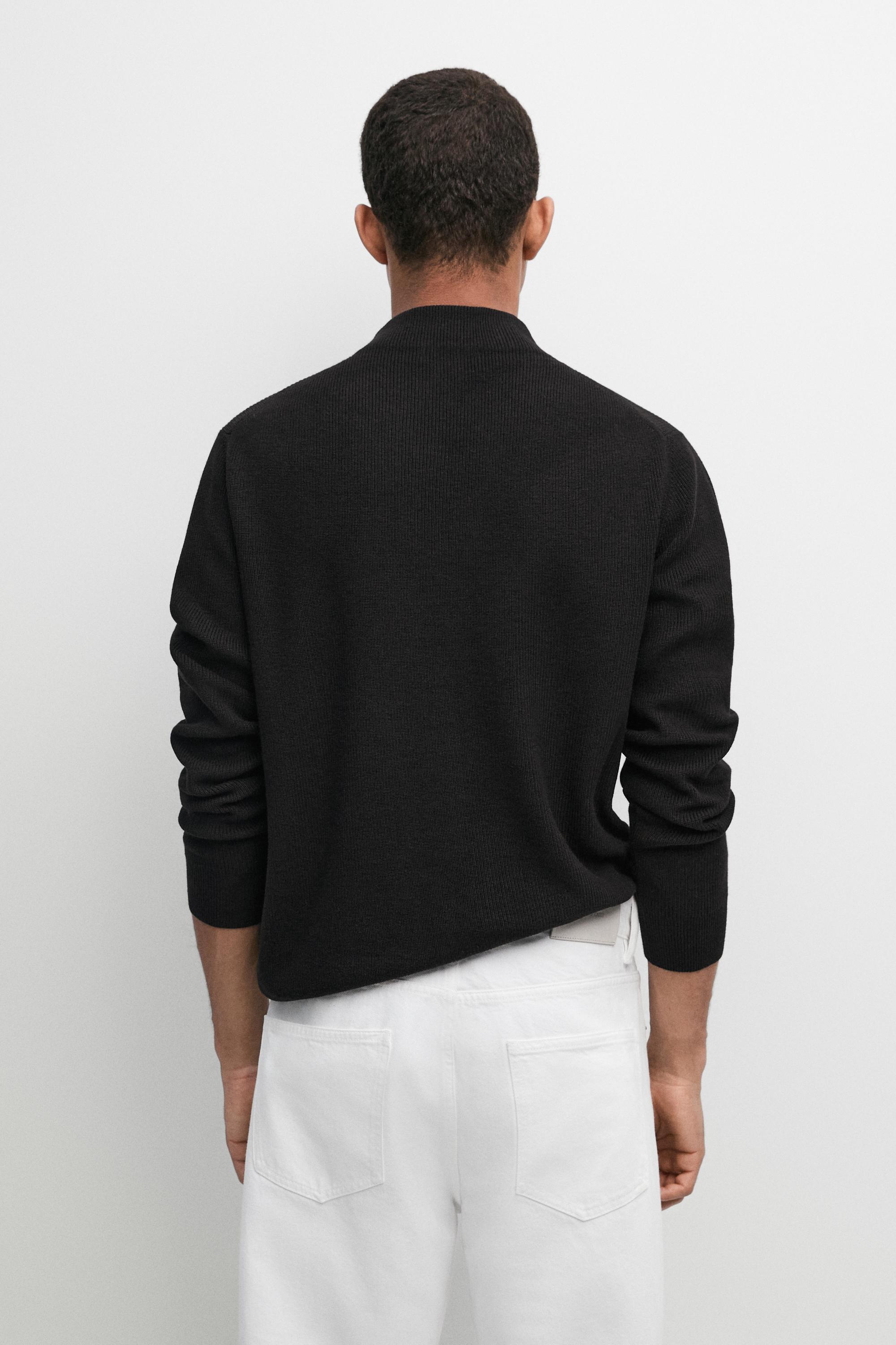 Cotton blend knit sweater with mock turtleneck — BLACK