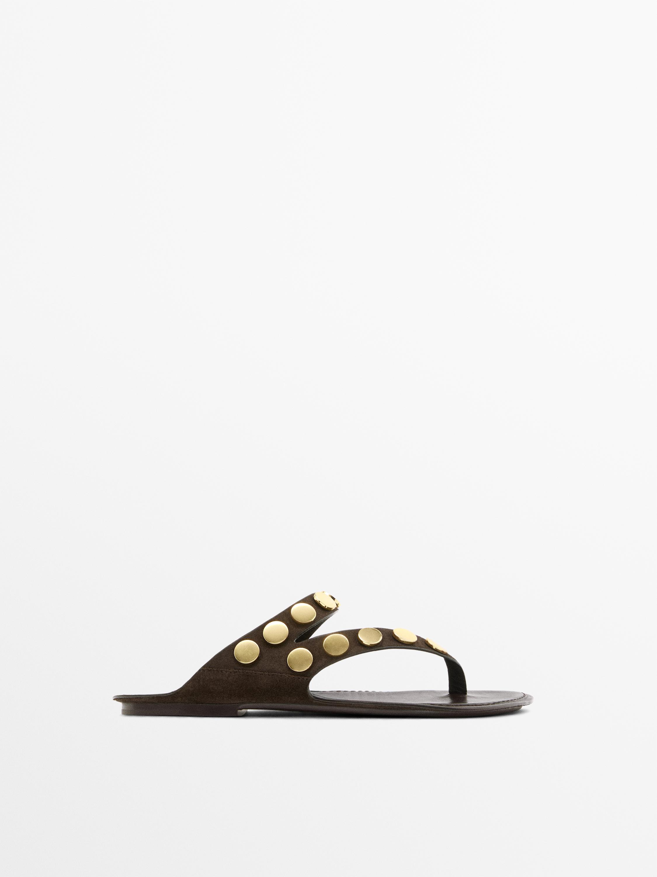 Metallic studded flat sandals — BROWN