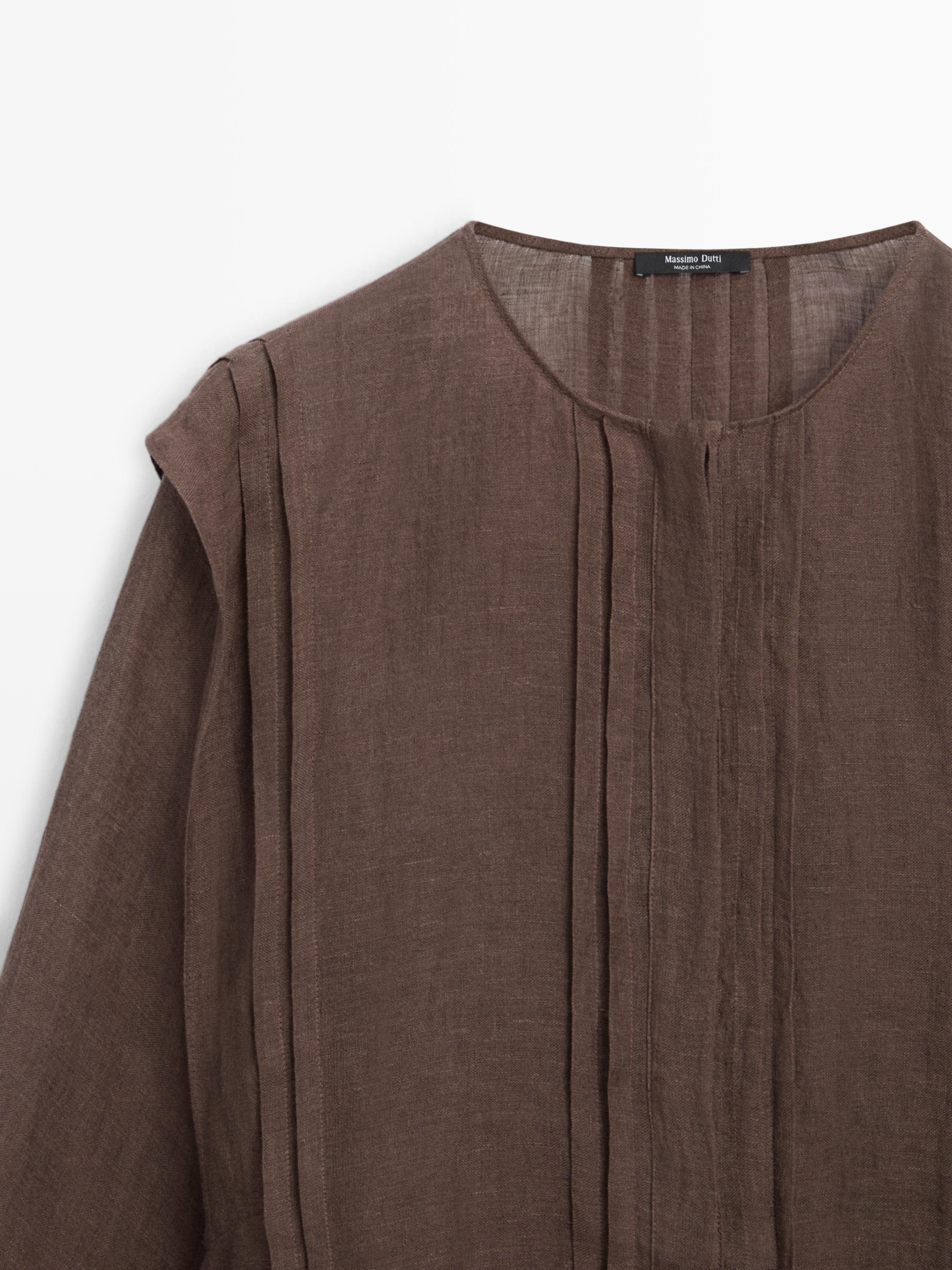 Flowing oversize linen blouse with ruffles — BROWN