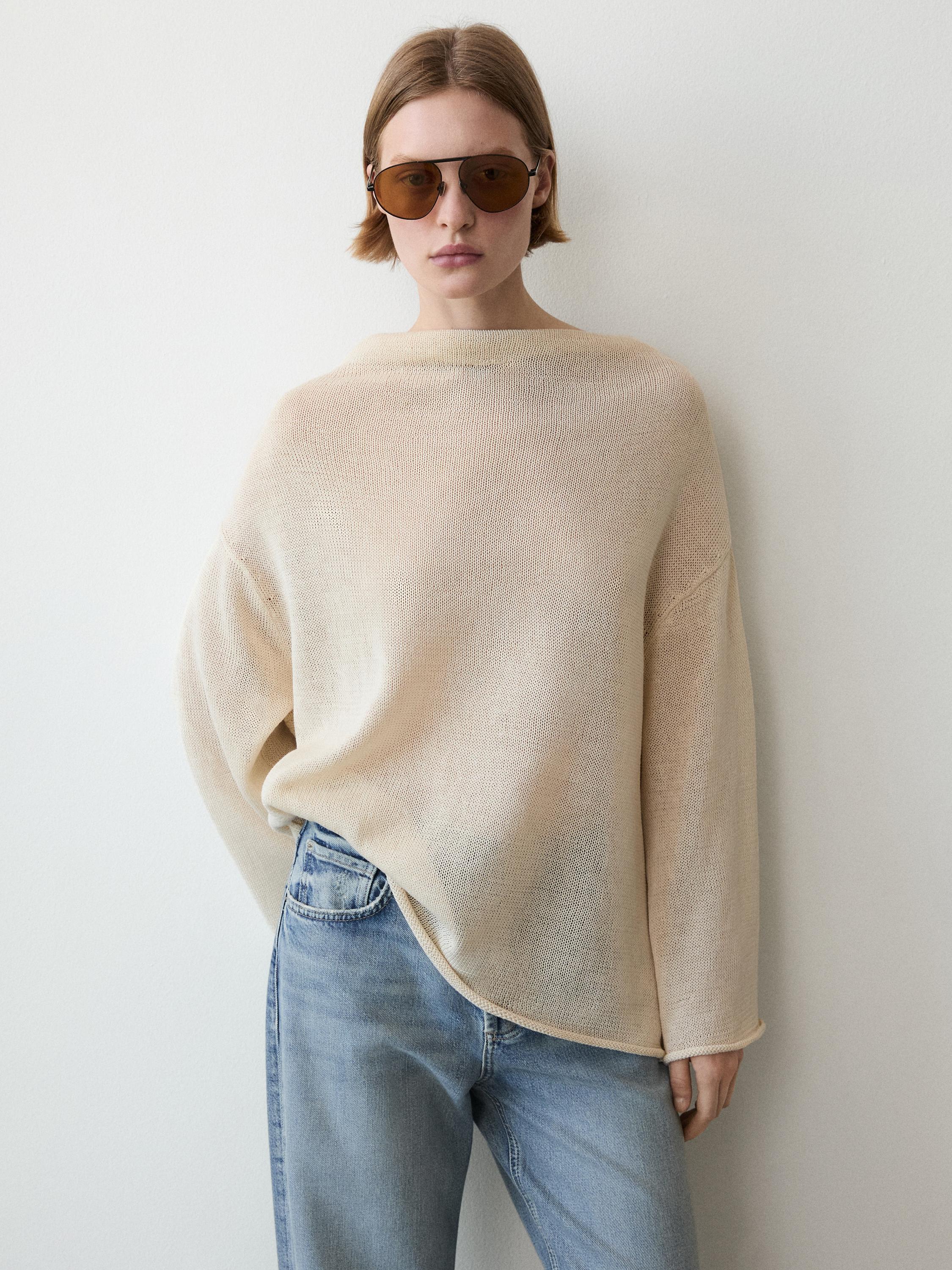 100% cotton knit sweater with back ties — BEIGE