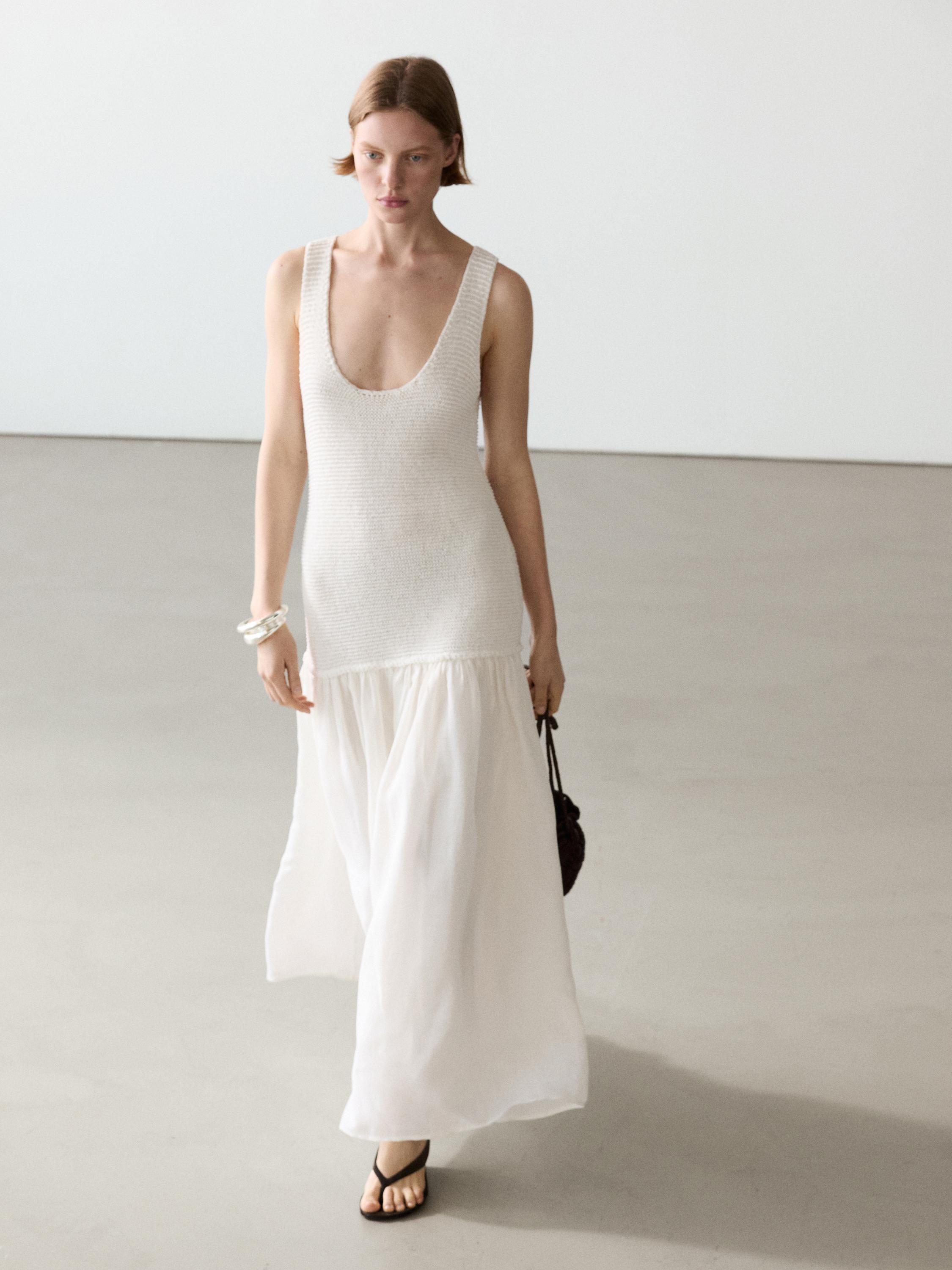 Long matching linen blend dress — PURE WHITE