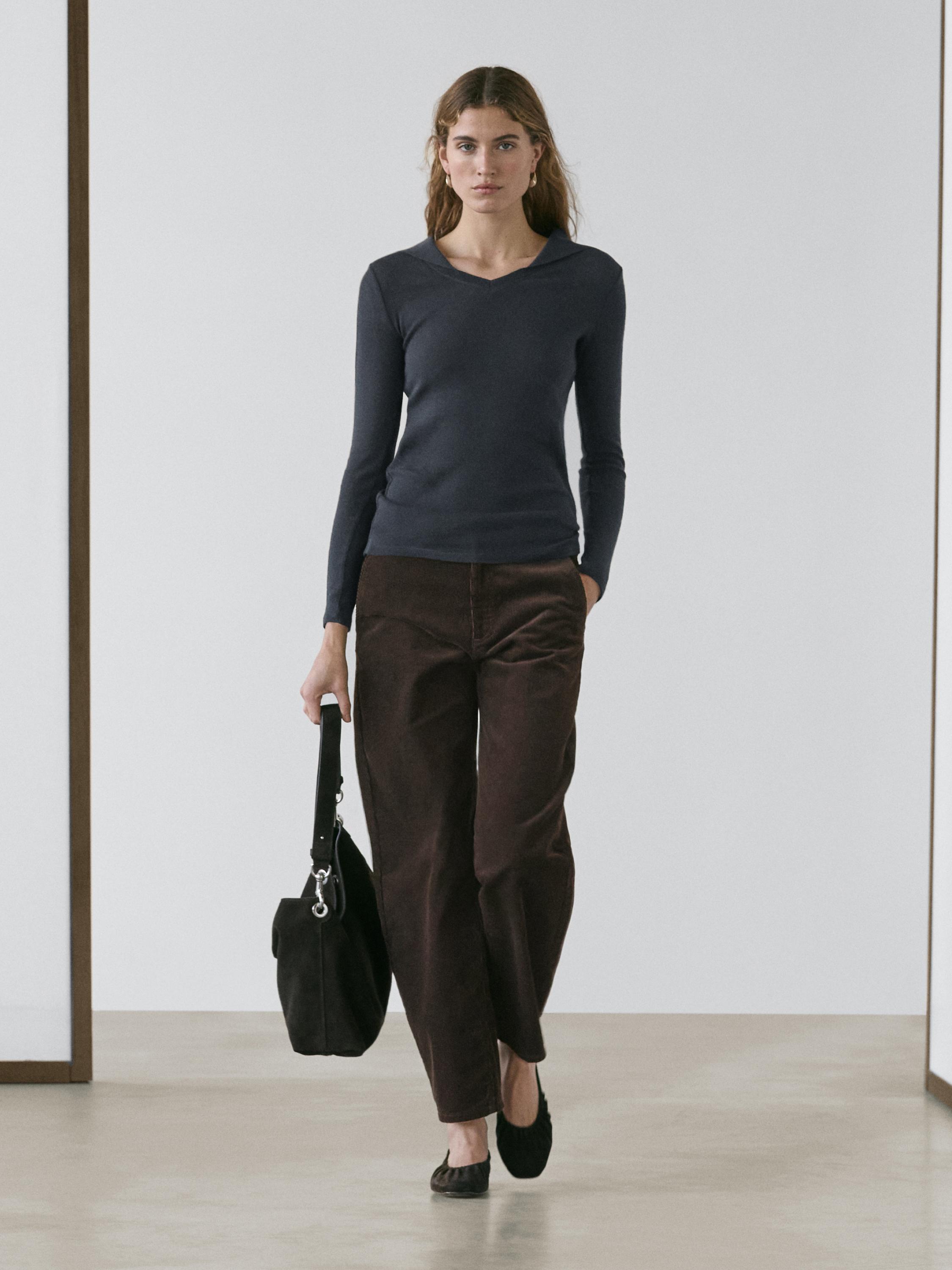 Long sleeve knit V-neck polo shirt — NAVY BLUE