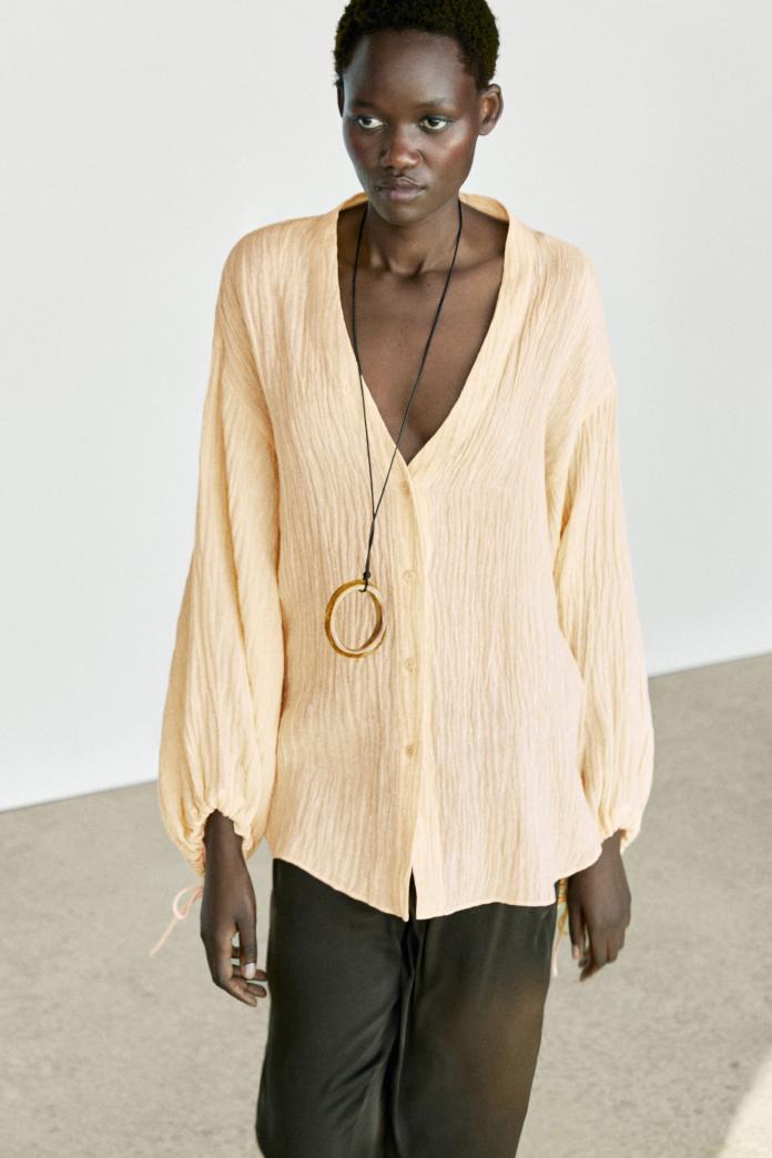 Pleated linen blend shirt — Vanilla