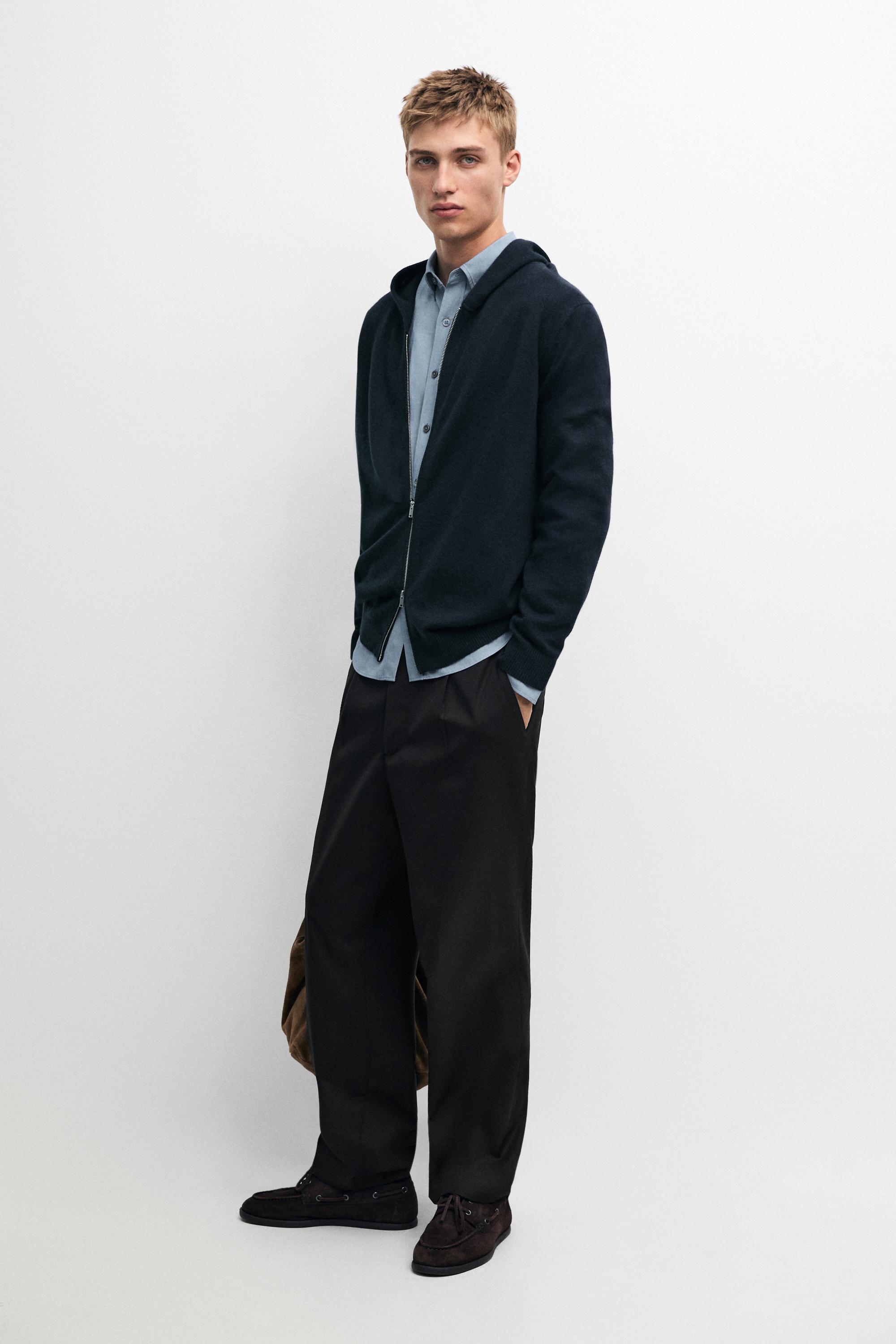 100% cashmere hooded knit cardigan — NAVY BLUE
