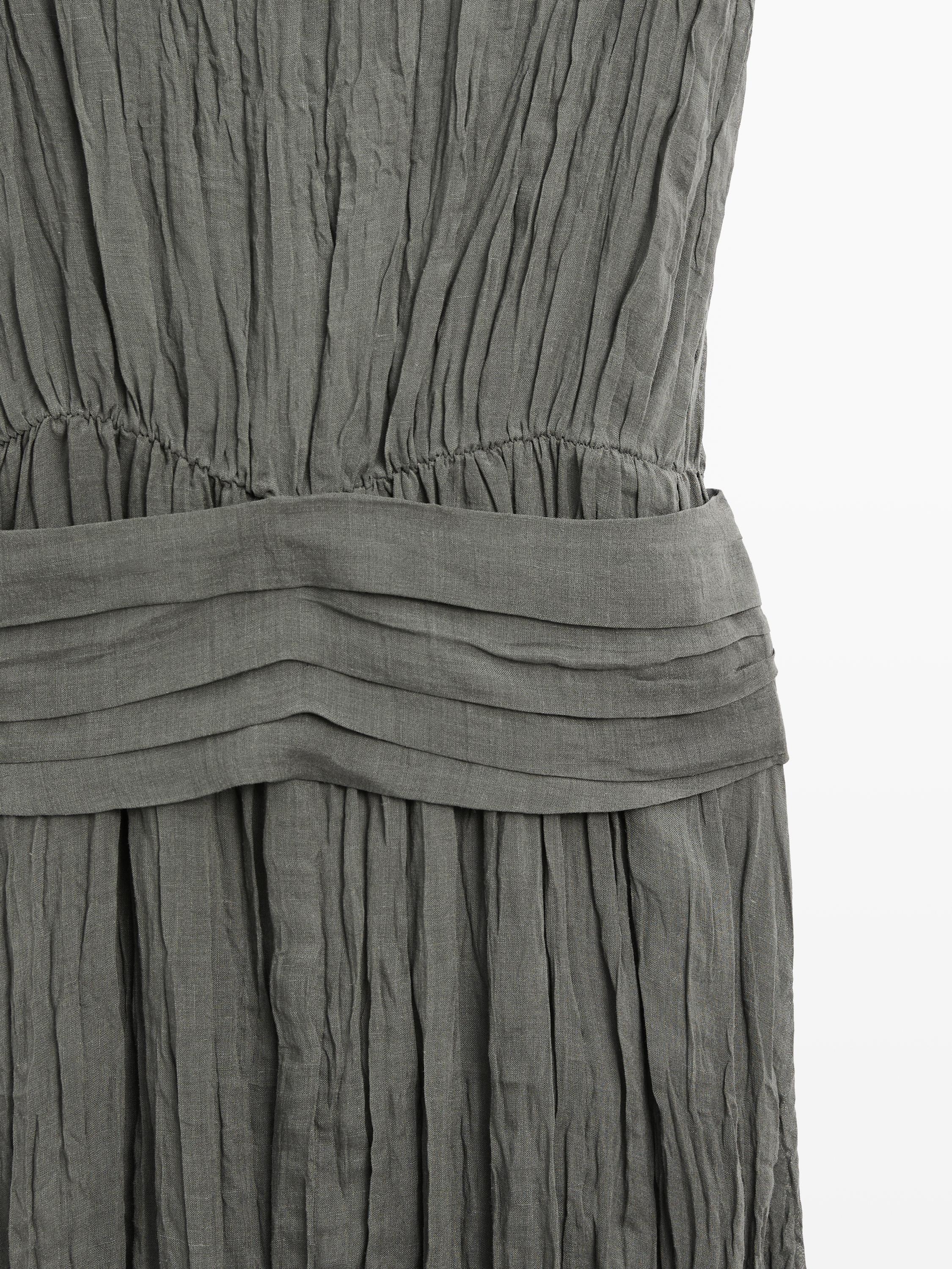 Textured flowing fabric dress with sash belt — GREY