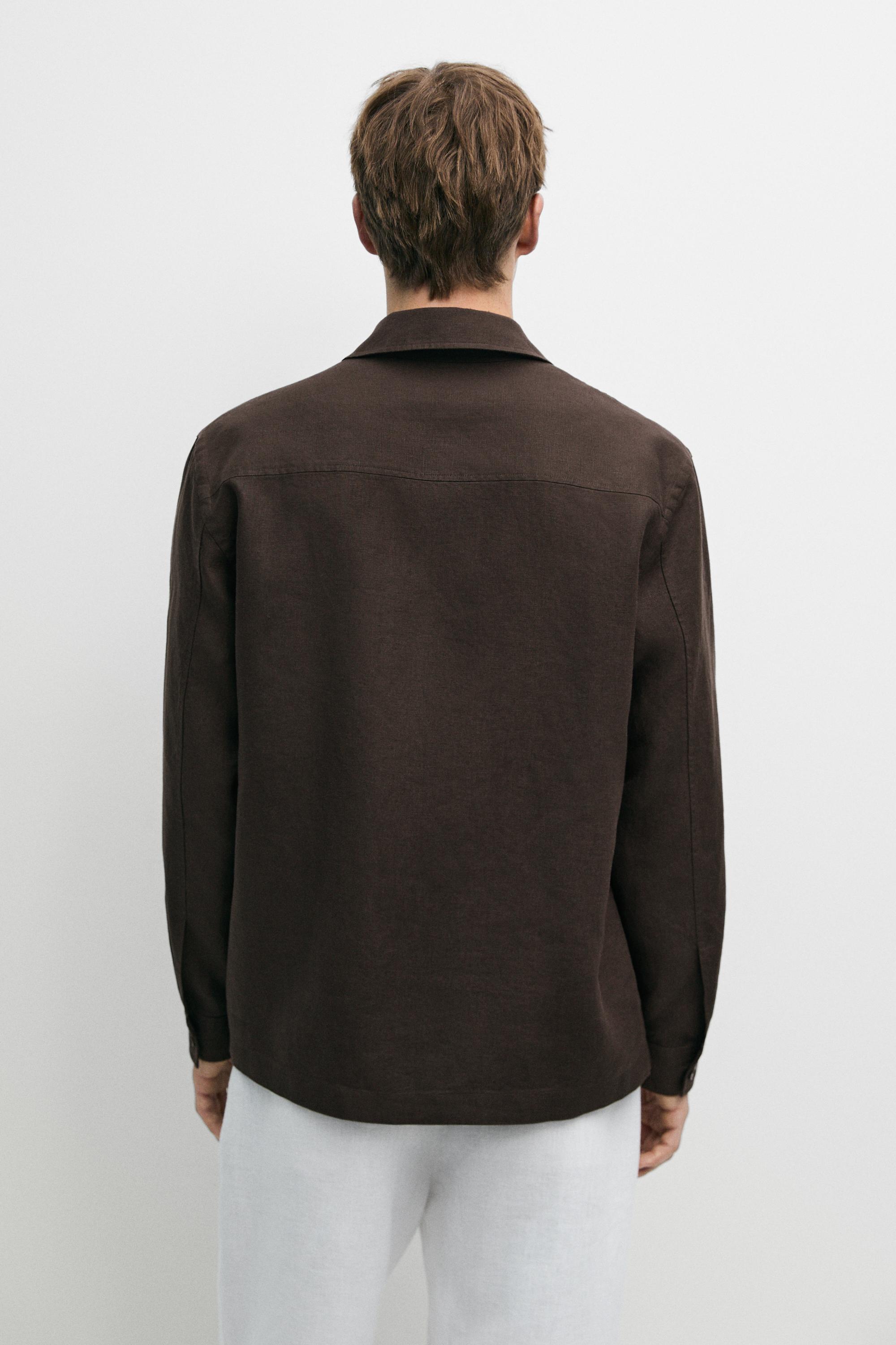 Linen total look overshirt with pocket details — BROWN