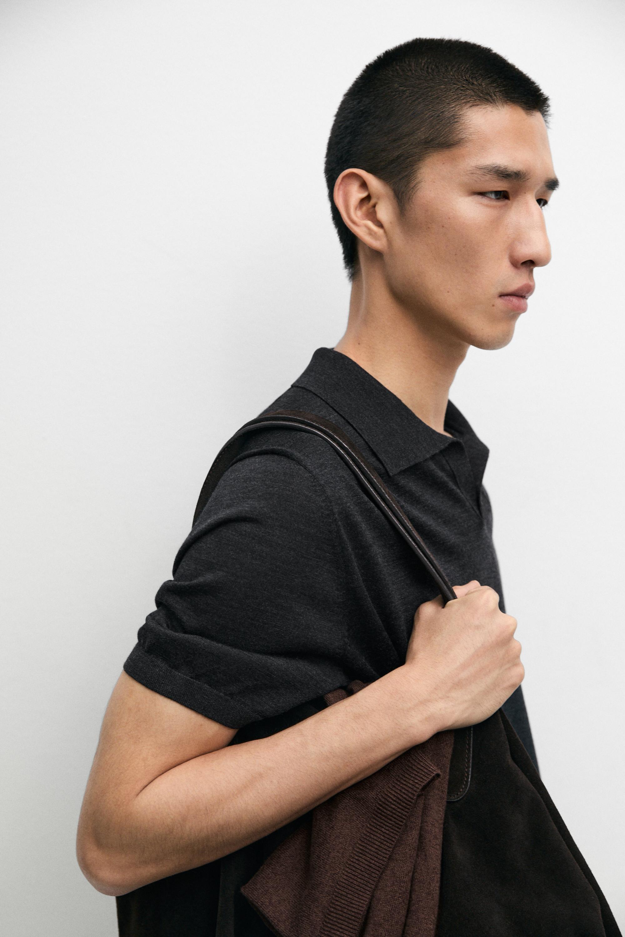 Short sleeve wool blend knit polo shirt — CHARCOAL