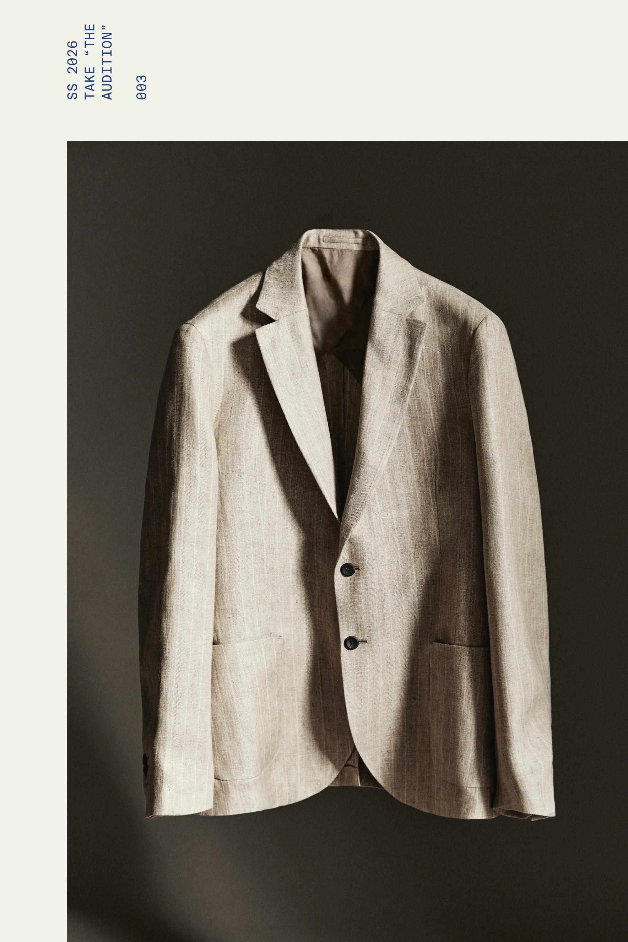 Linen herringbone stripe blazer — BEIGE
