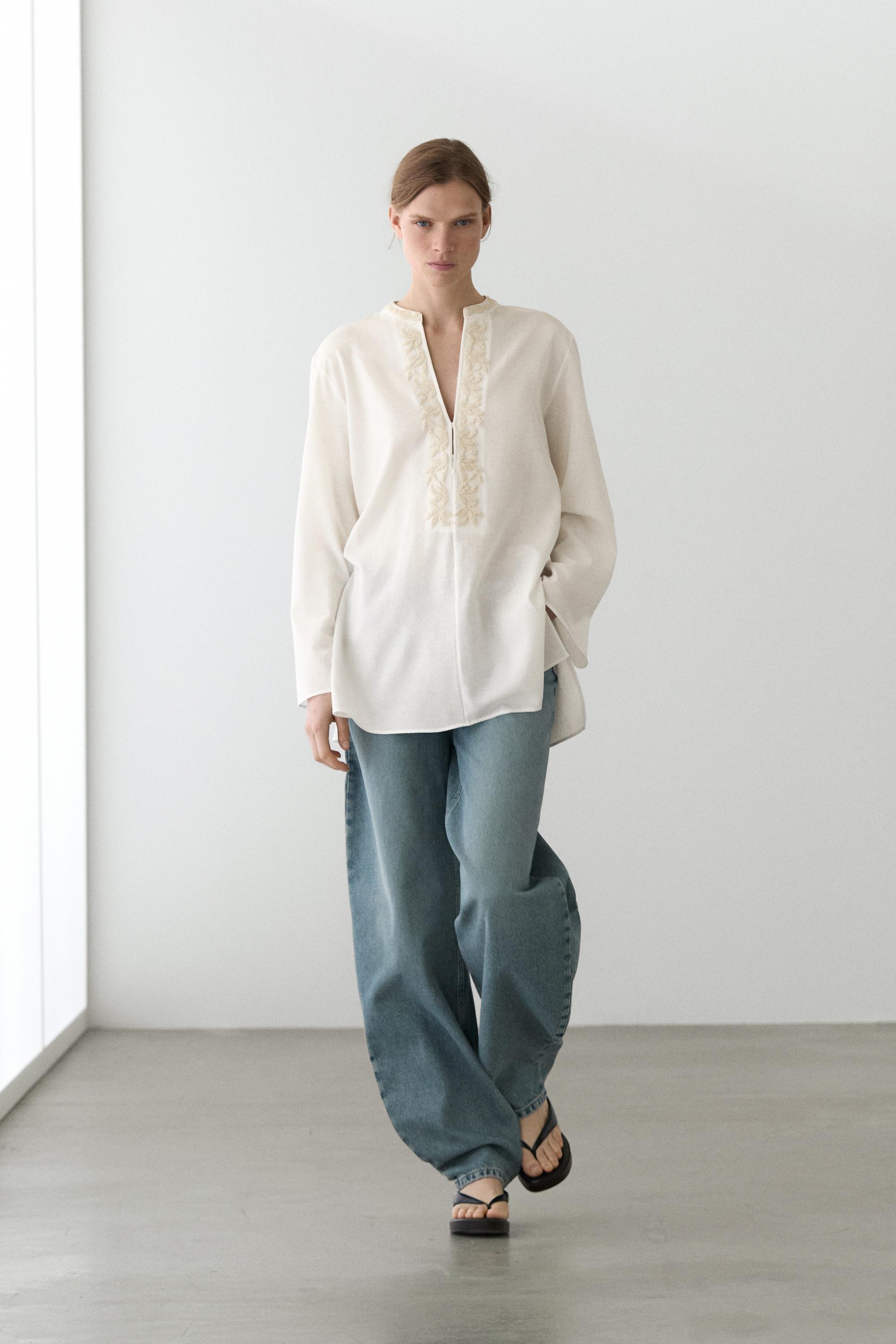 Flowing oversize blouse with stand collar and embroidery — CREAM
