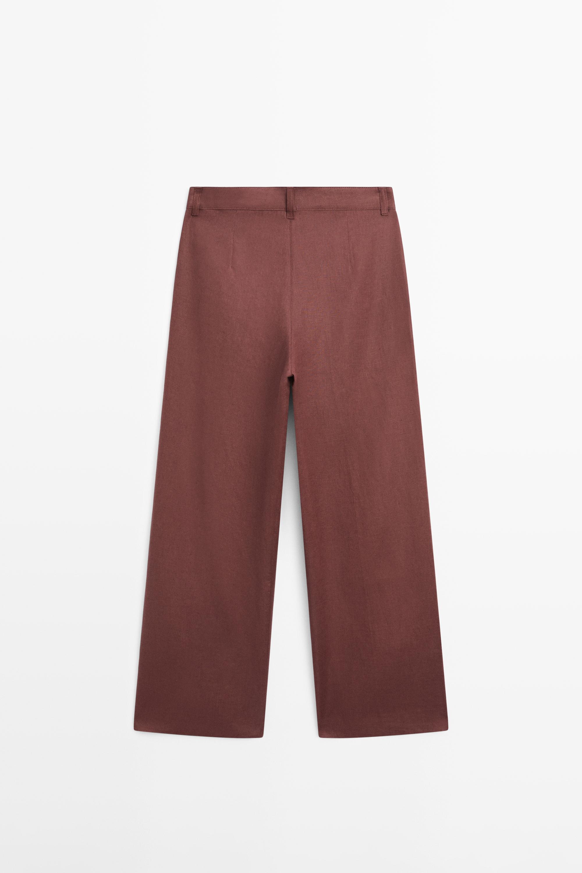 Wide-leg pleated linen trousers — TERRA COTA