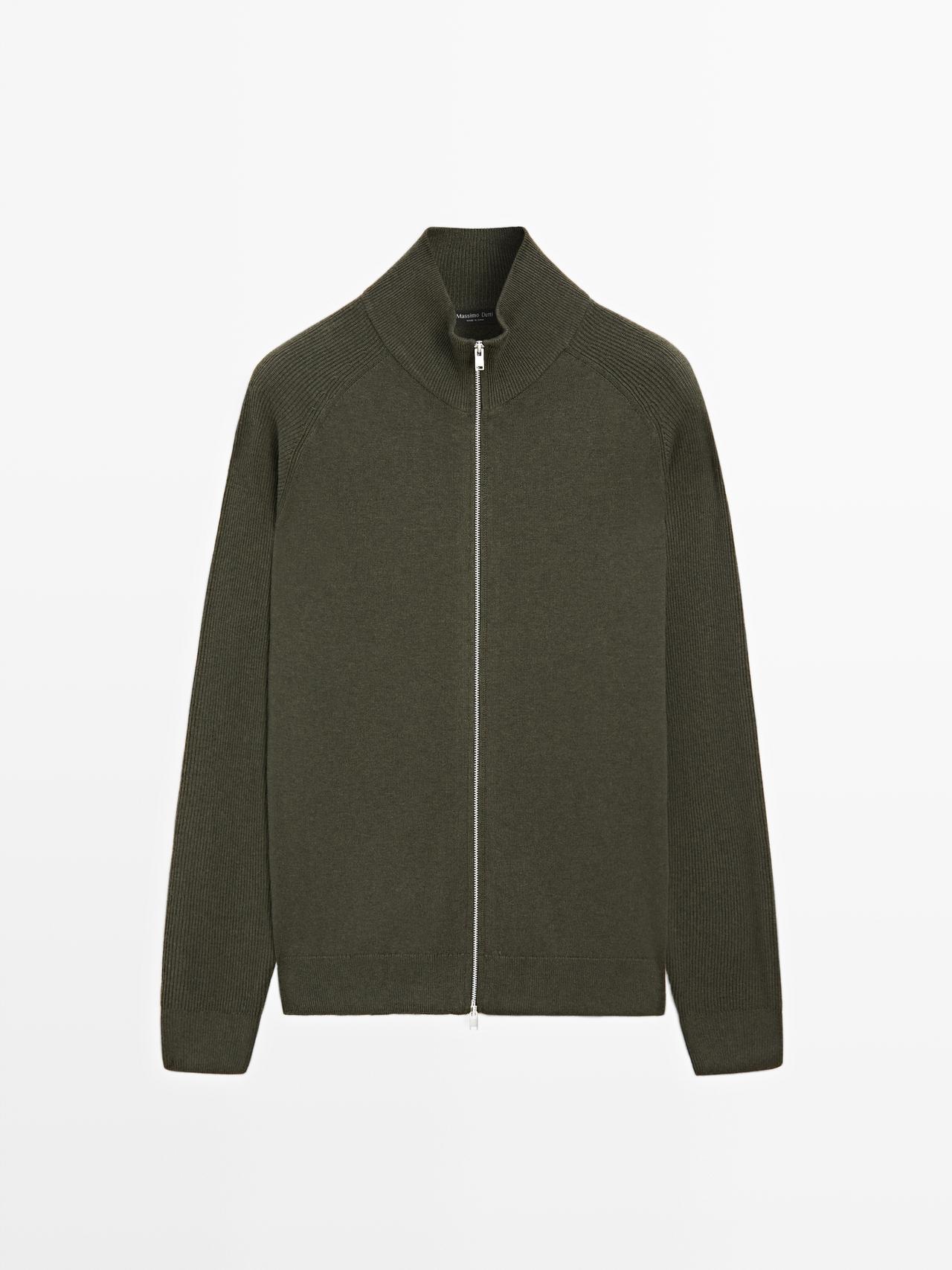 Massimo Dutti - Herre - Strikket Cardigan I Bomuldsblanding Med Raglanærmer - Mørkegrøn - Xl