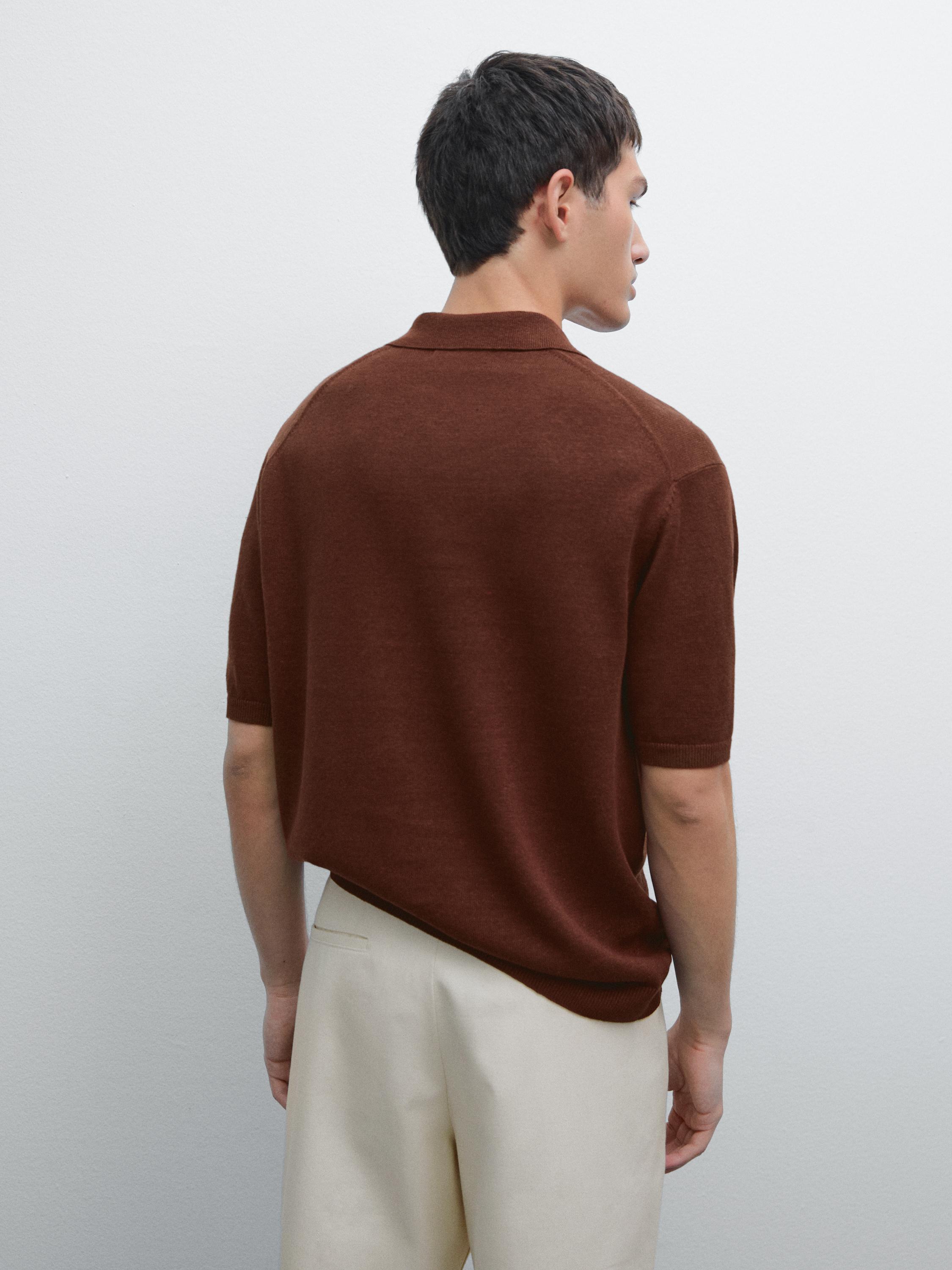 Cotton and linen blend knit V-neck polo shirt