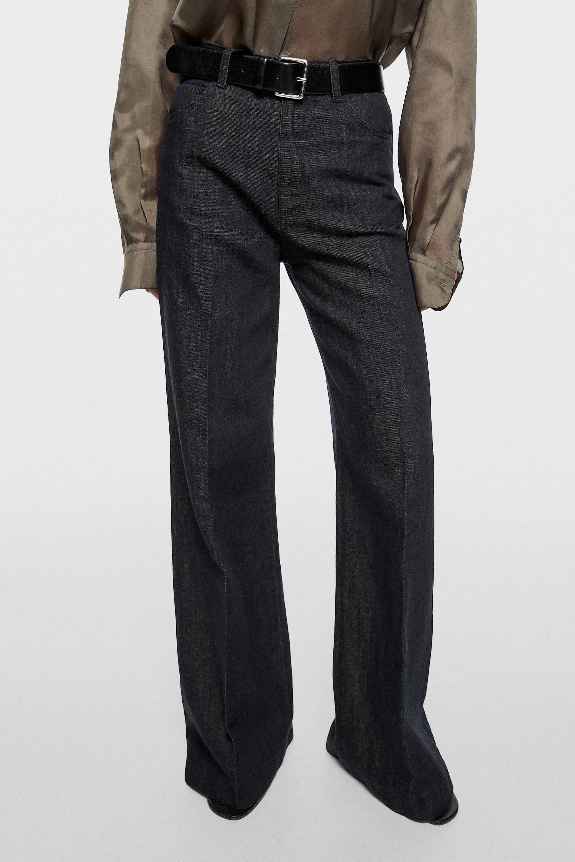 High-waist palazzo denim pants co-ord — DARK BLUE