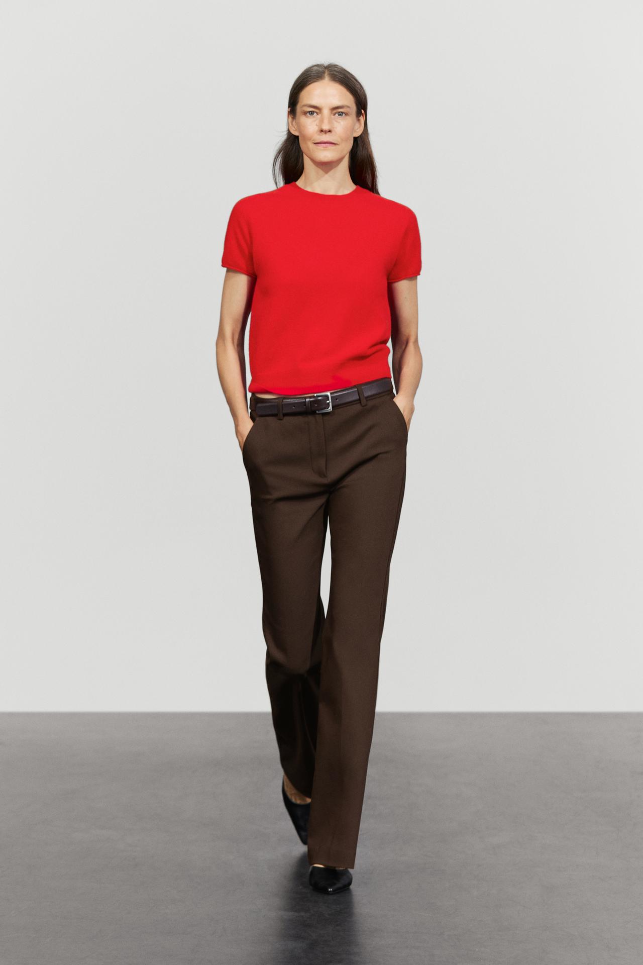 100% cashmere short sleeve knit sweater — RED