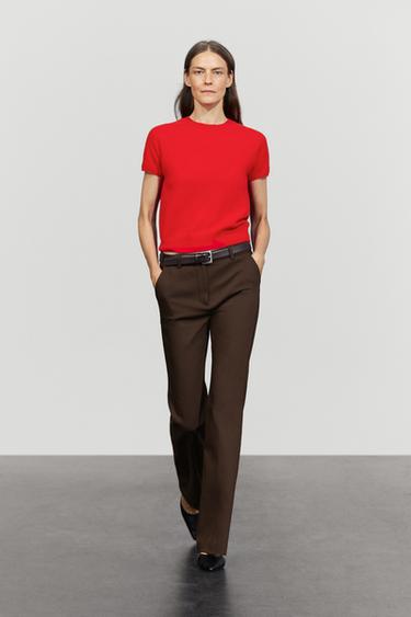 100% cashmere short sleeve knit sweater — RED 1