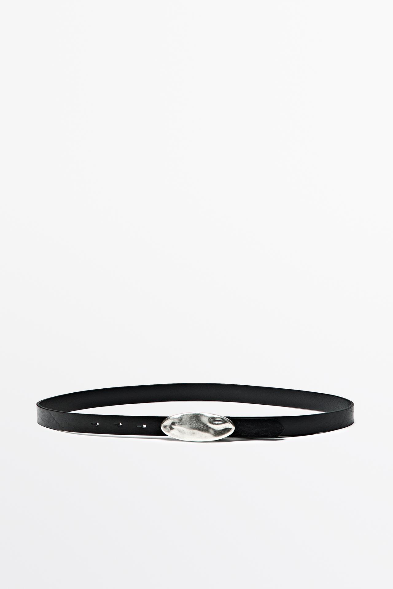 Nappa leather belt with hammered oval buckle — BLACK