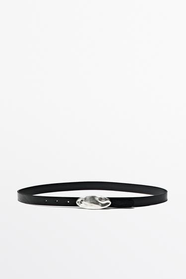 Nappa leather belt with hammered oval buckle — BLACK 1