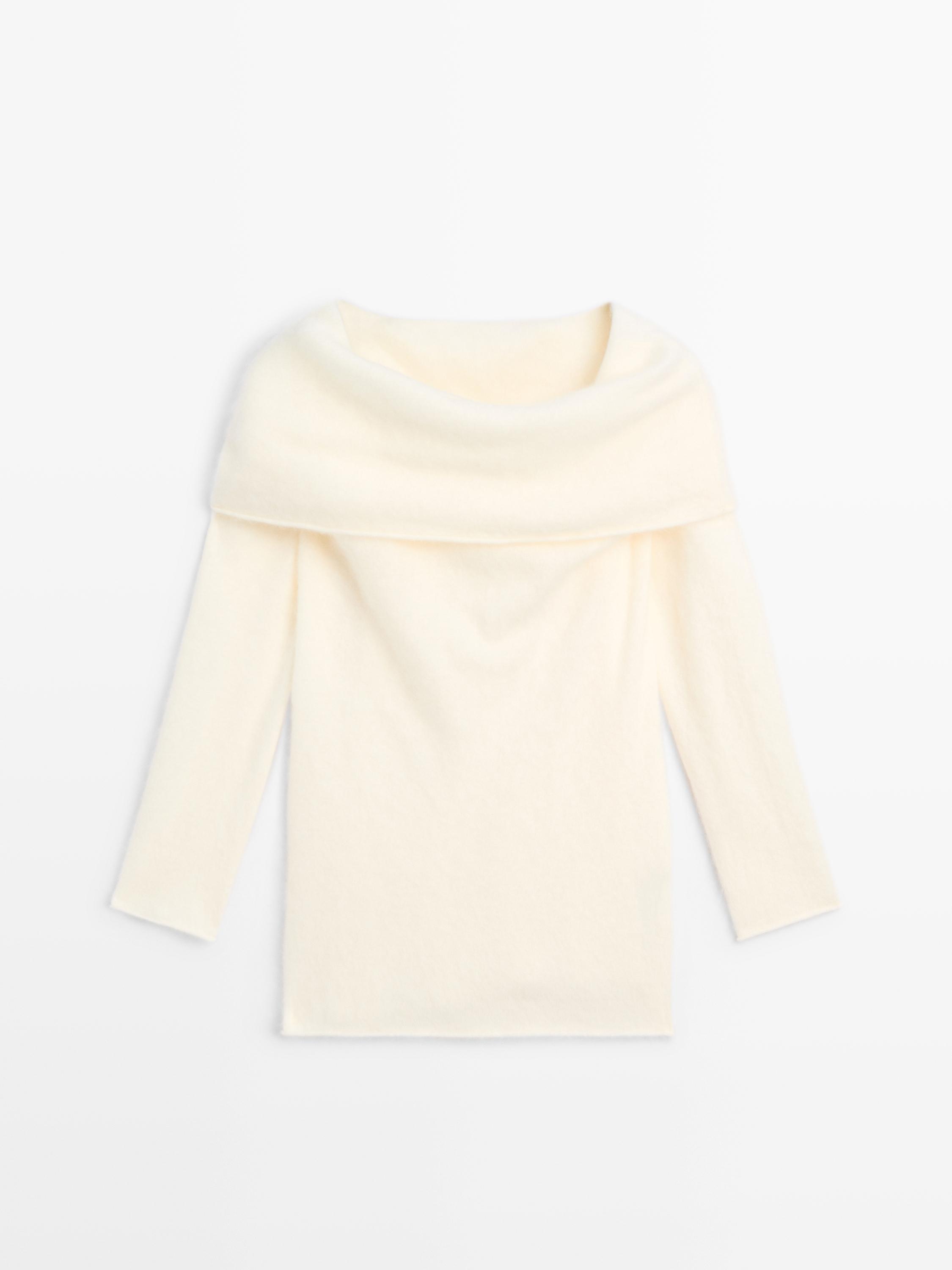 Knit wool and cashmere sweater with exposed shoulders