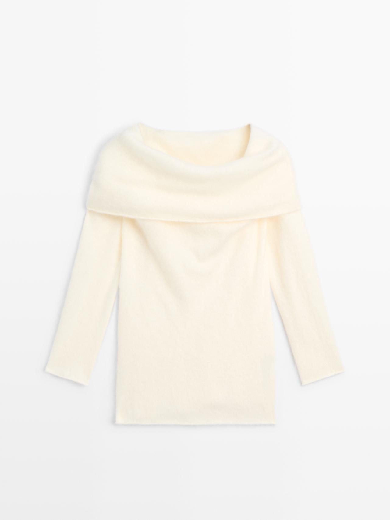 Massimo Dutti - Dame - Strikket Trøje I Uld Og Kashmir Med Bare Skuldre - Råhvid - L