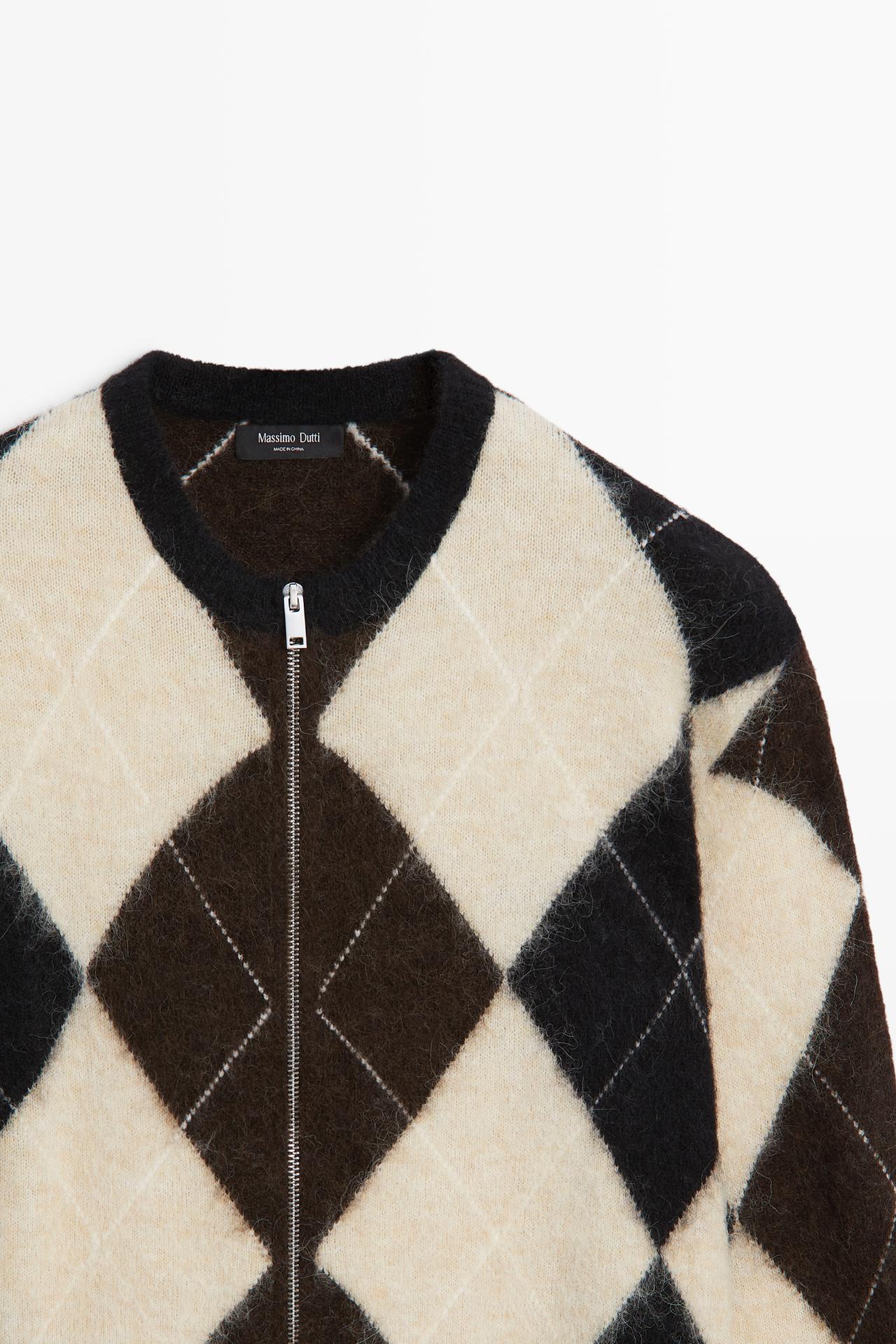 Wool-blend zip-up cardigan with diamond pattern — DARK GREY
