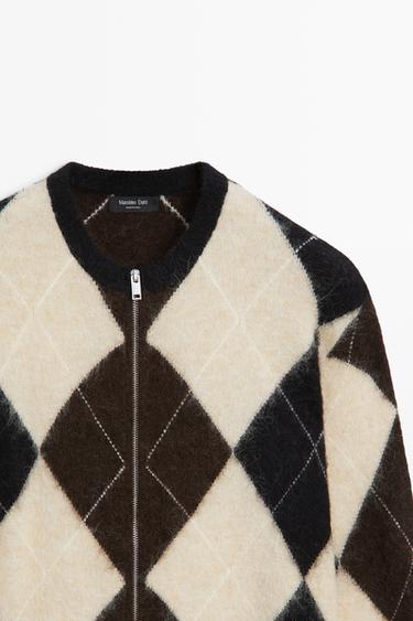 Wool-blend zip-up cardigan with diamond pattern — DARK GREY 4