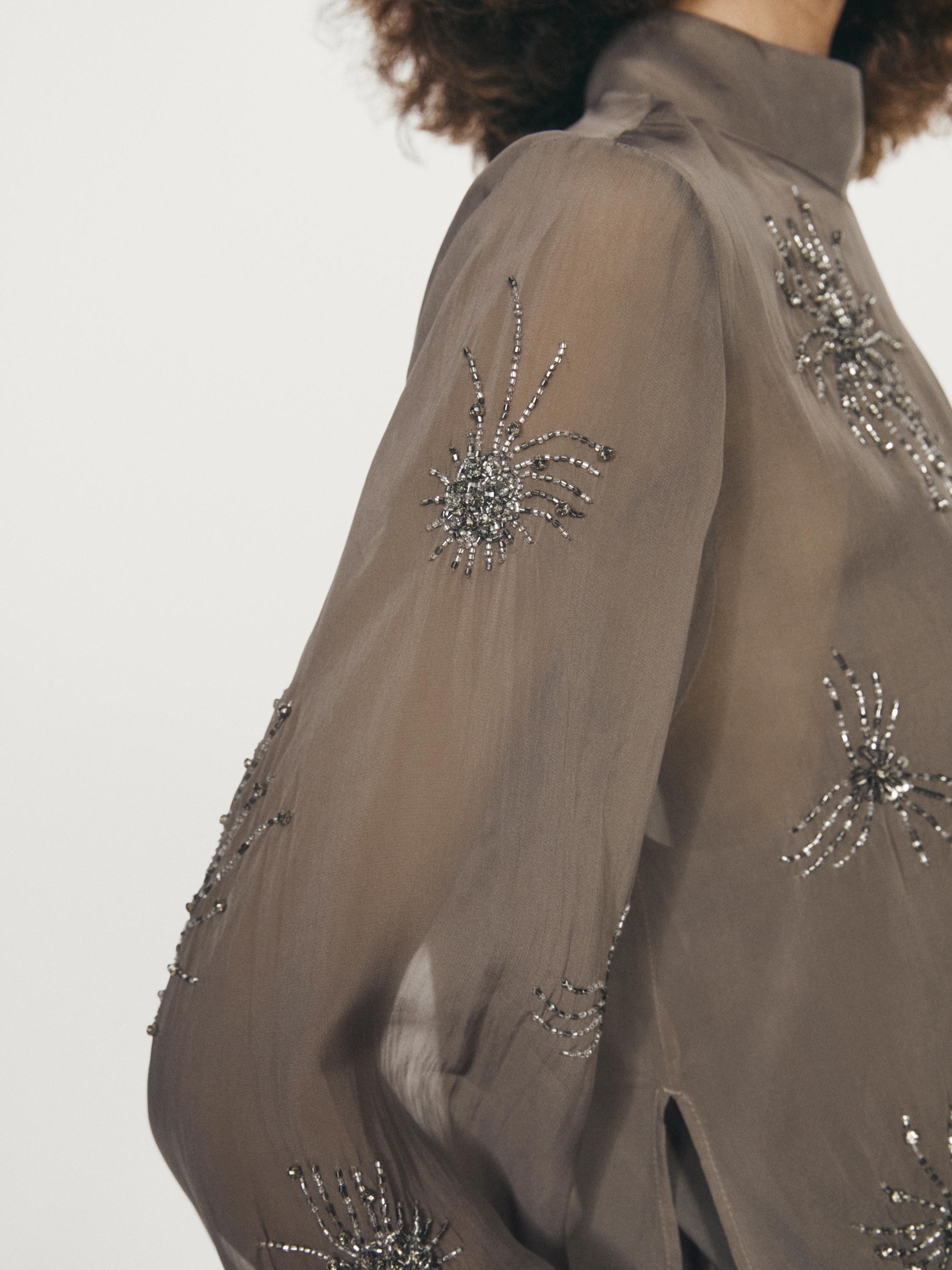 Embroidered semi-sheer blouse · Mink · Shirts | Massimo Dutti