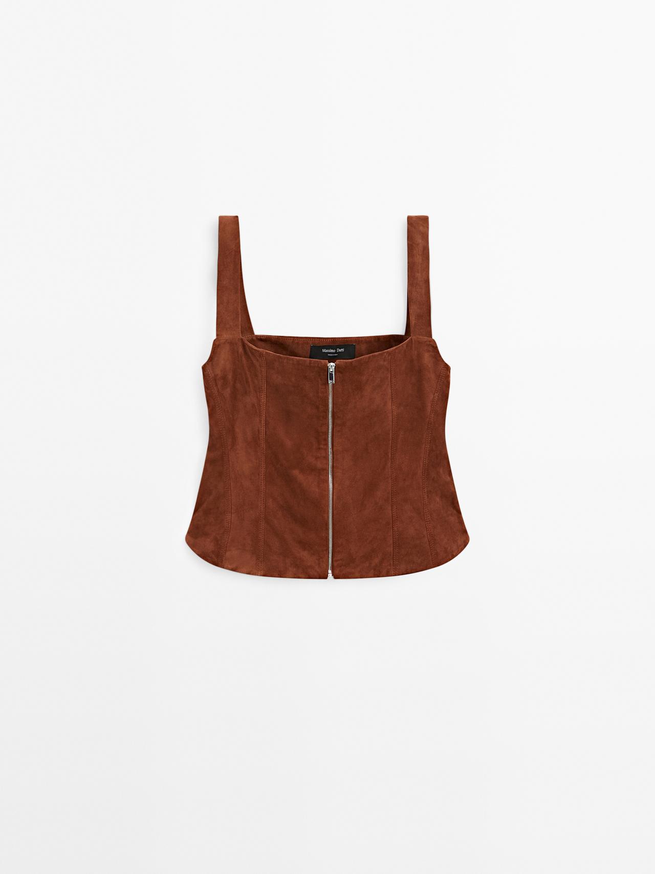 Massimo Dutti - Dame - Top I Ruskind Med Lynlås - Tegl - S