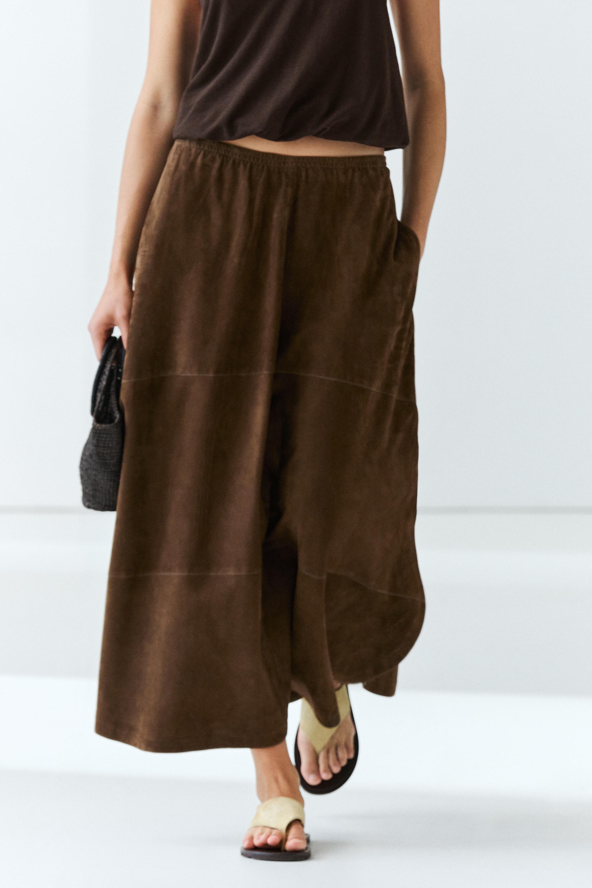Suede leather midi skirt — BROWN