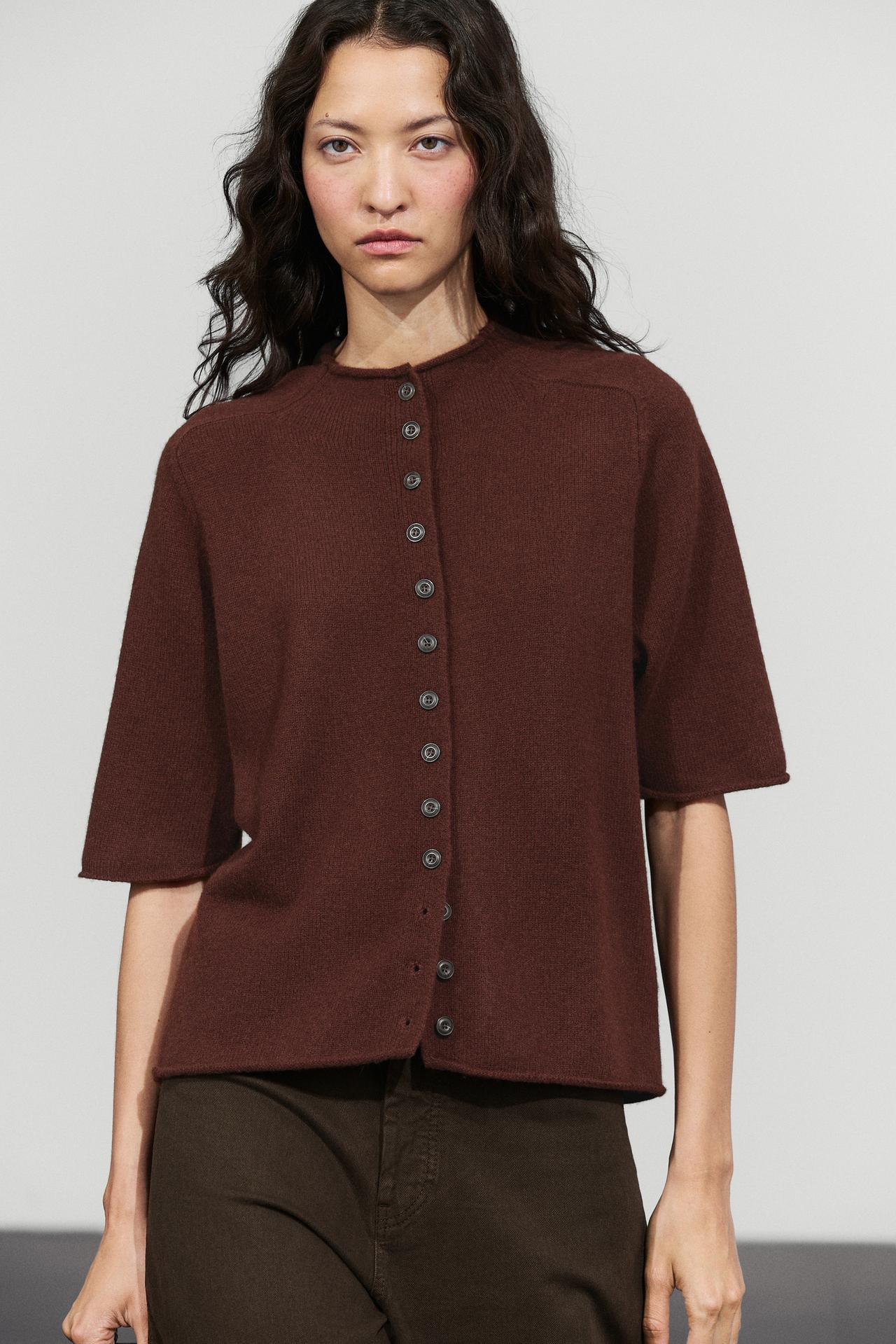 100% wool funnel neck knit cardigan — MAROON