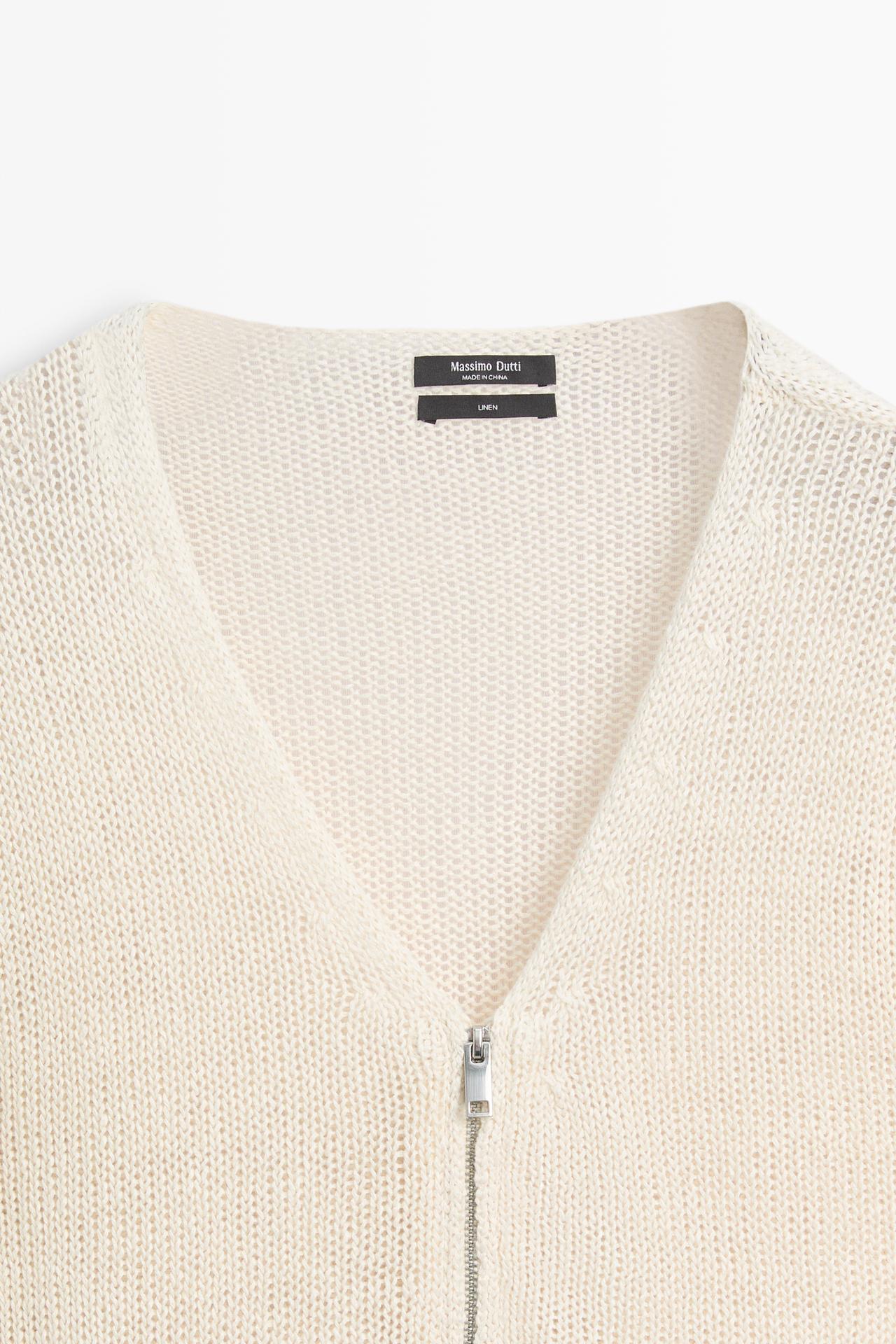 100% linen knit zip-up cardigan — Off white