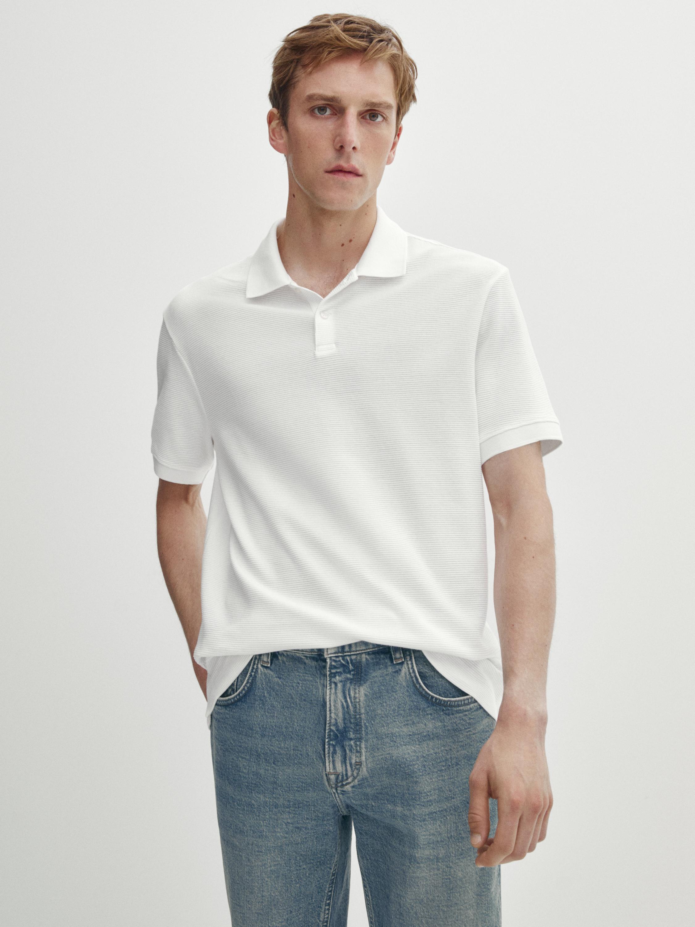 Short sleeve textured cotton polo shirt
