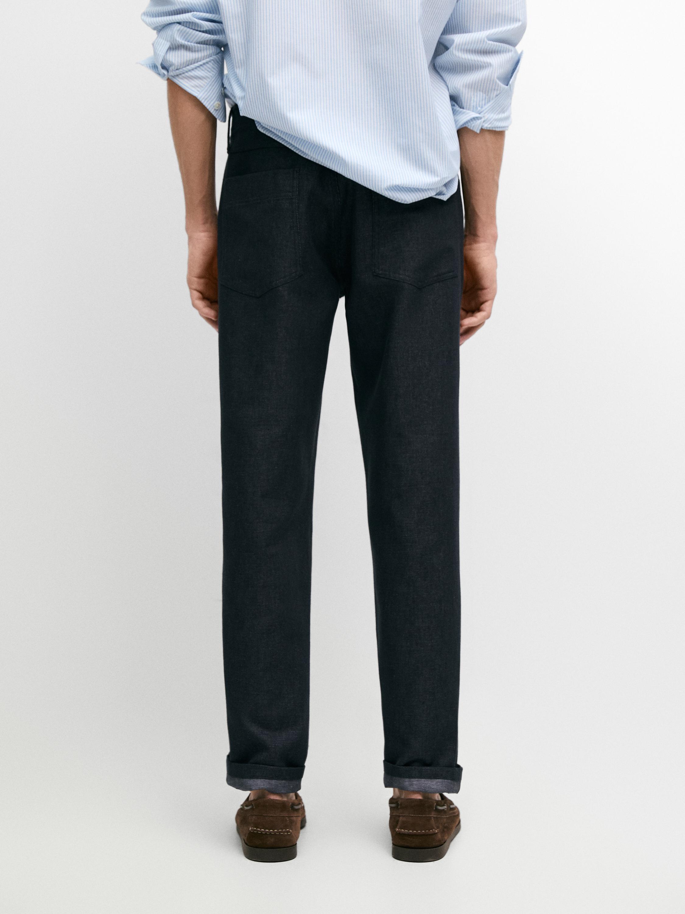 Cotton and linen tapered fit jeans — NAVY BLUE