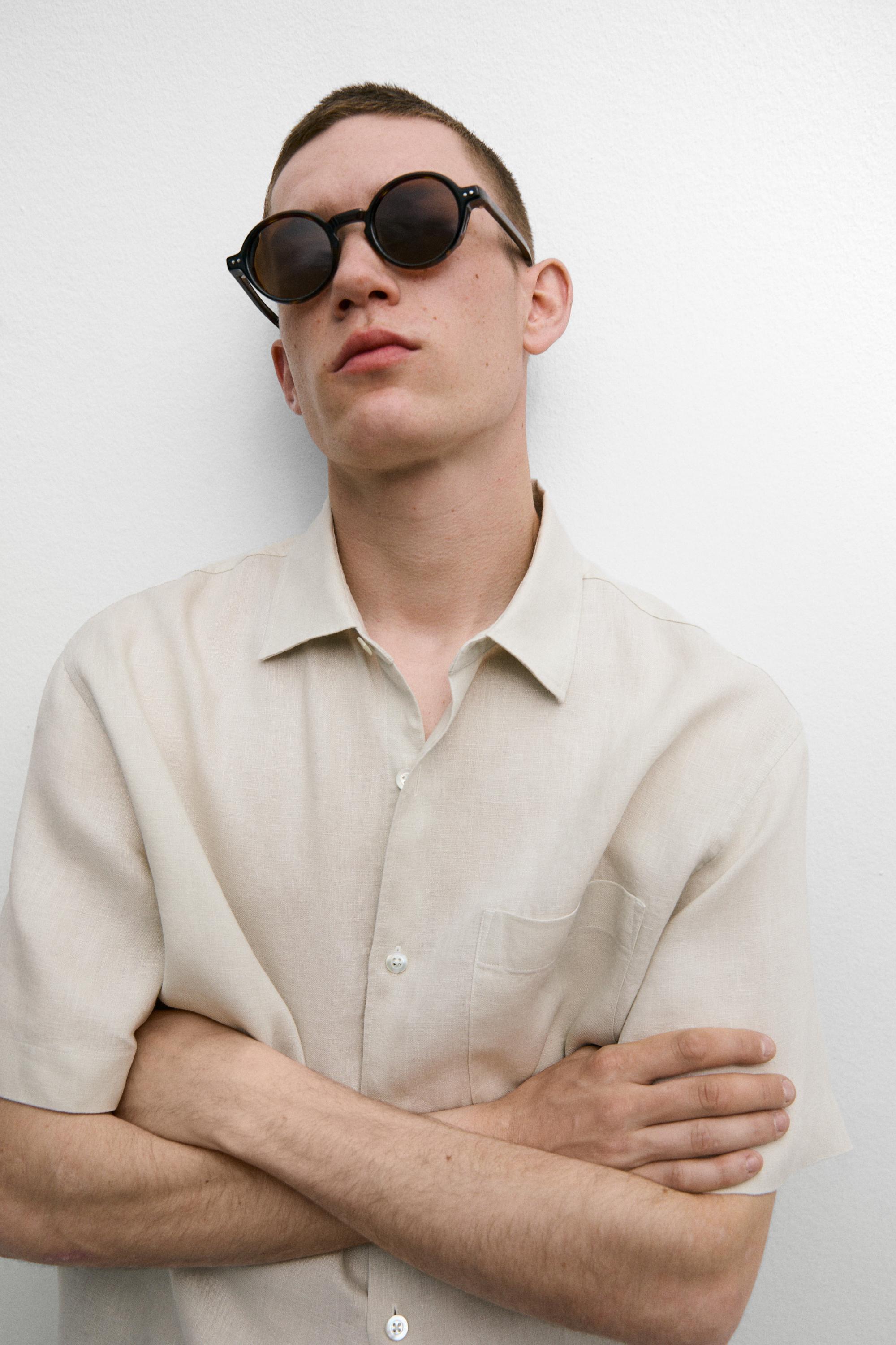100% linen regular fit short sleeve shirt — BEIGE