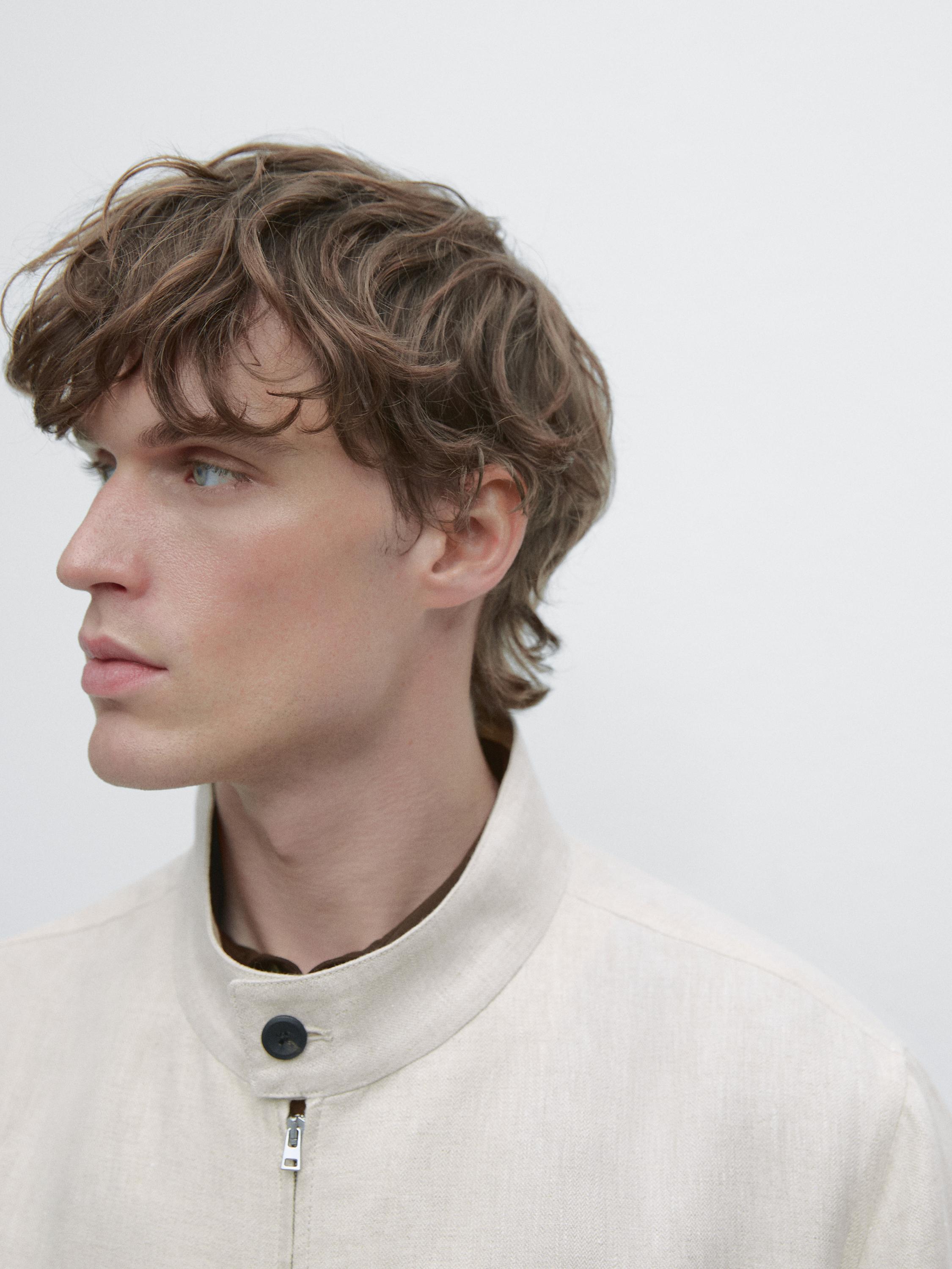 Short linen jacket with herringbone detail — BEIGE