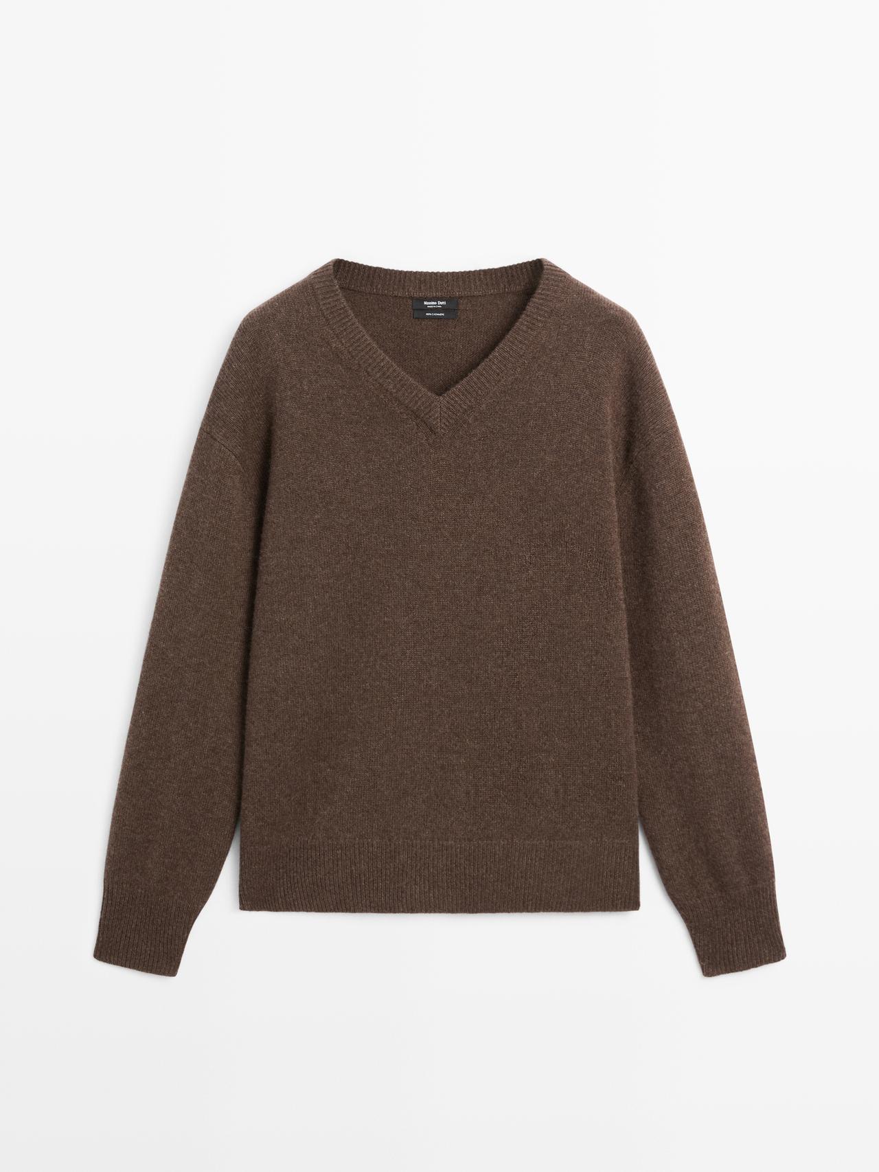 Massimo Dutti - Dame - Striktrøje I 100 % Kashmir Med V-Udskæring - Brun - L