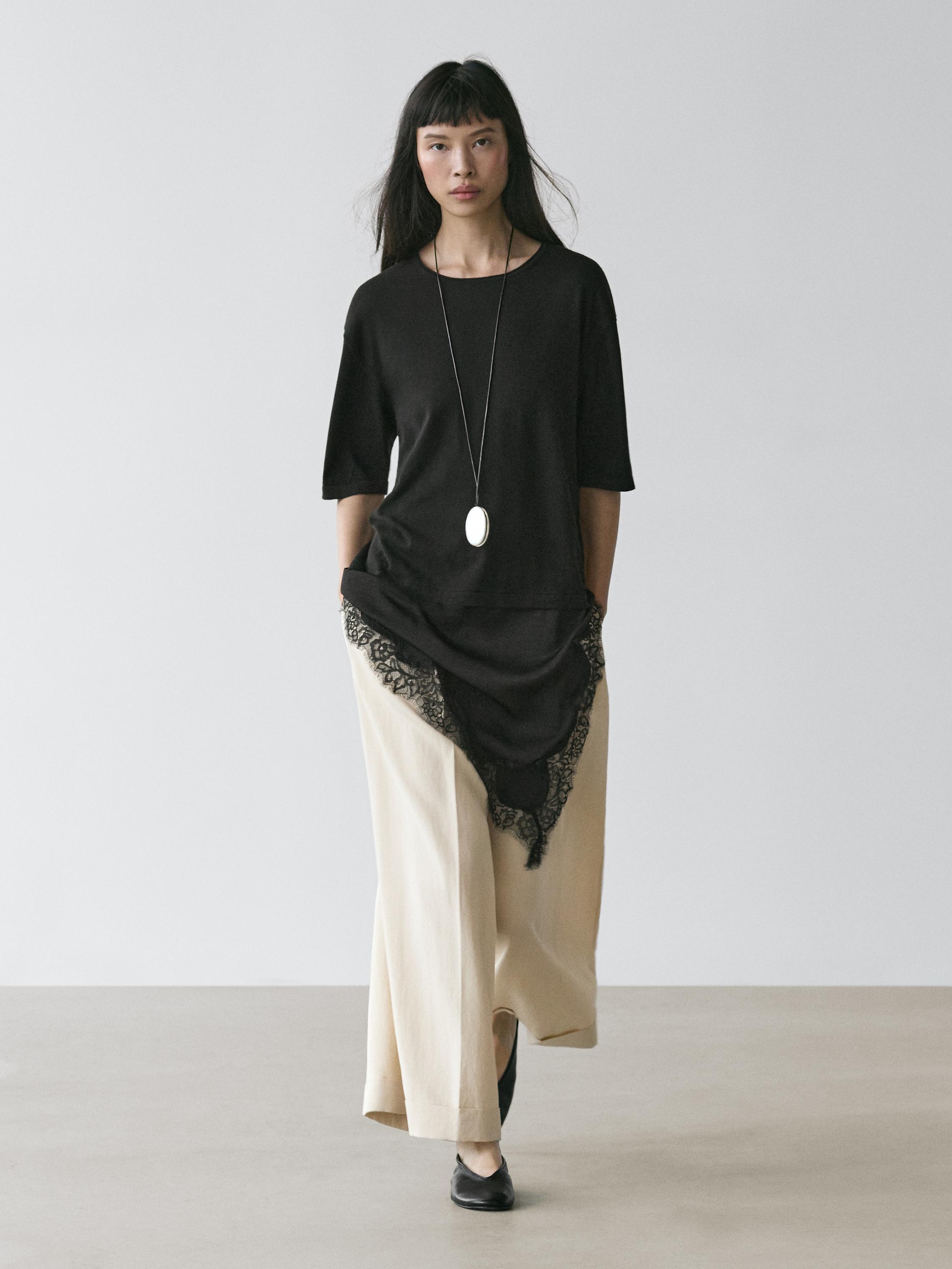 Sweater with contrast lace detail — BLACK