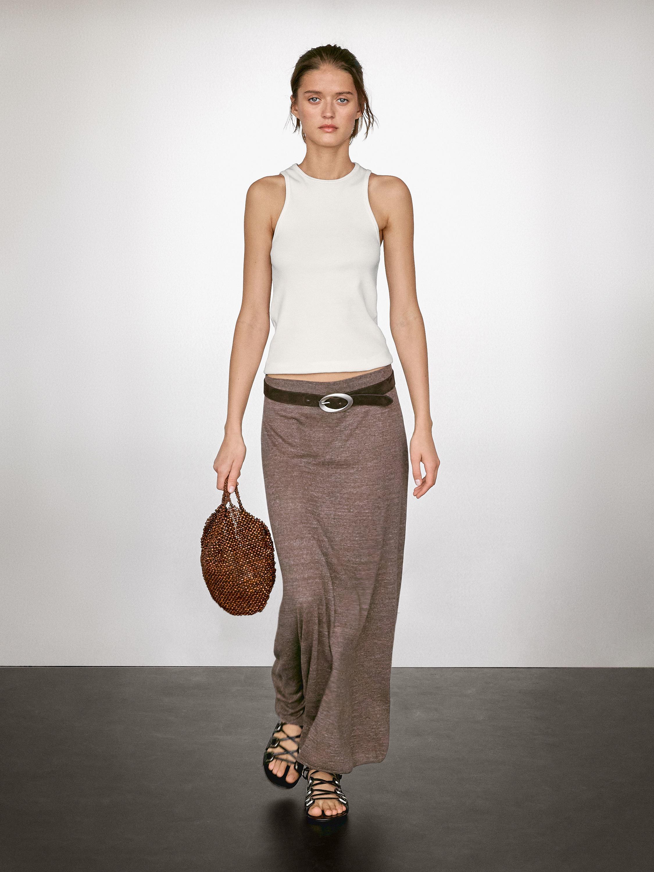Long linen blend knit skirt