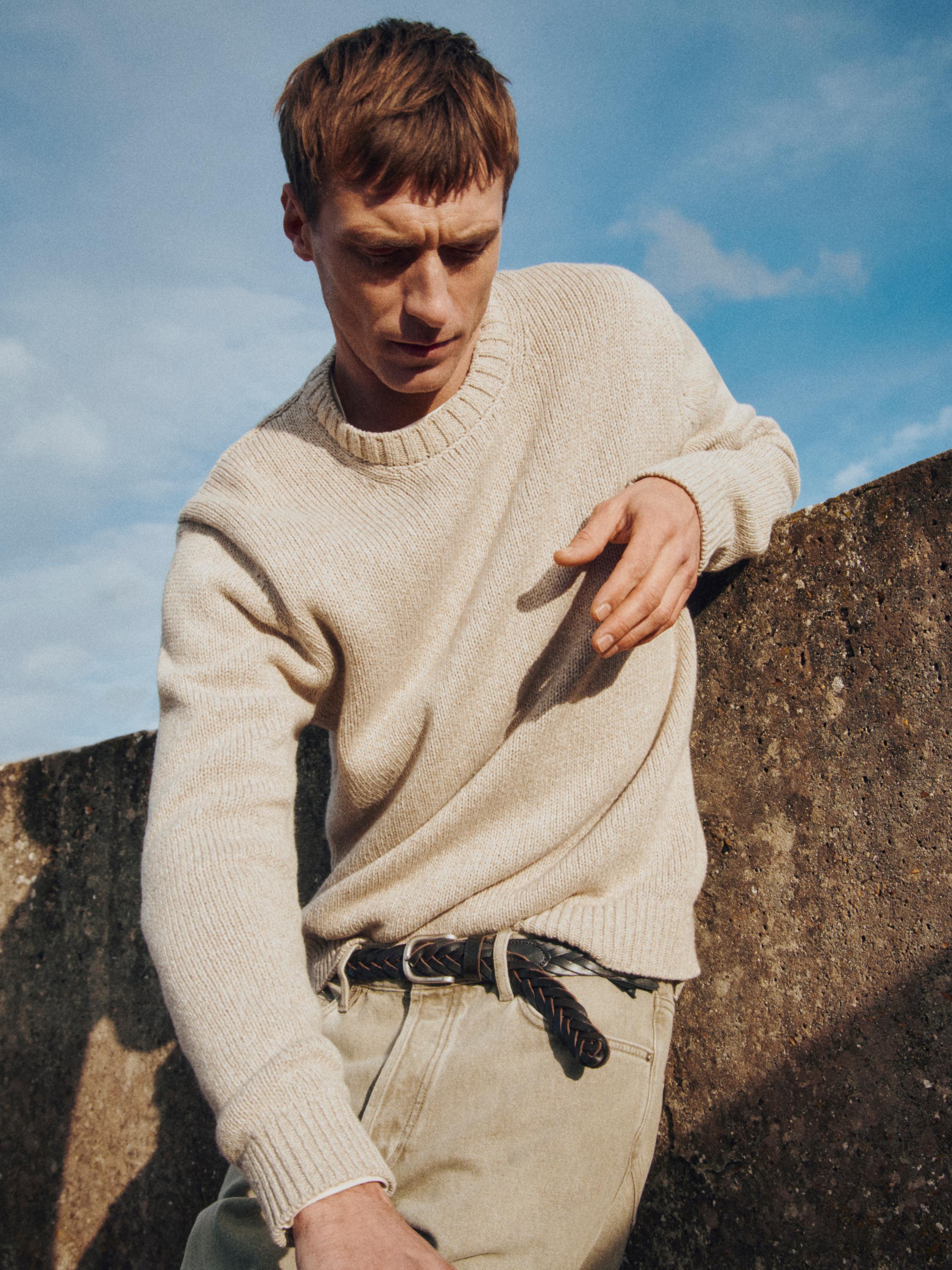 Cotton blend knit crew neck sweater — BEIGE
