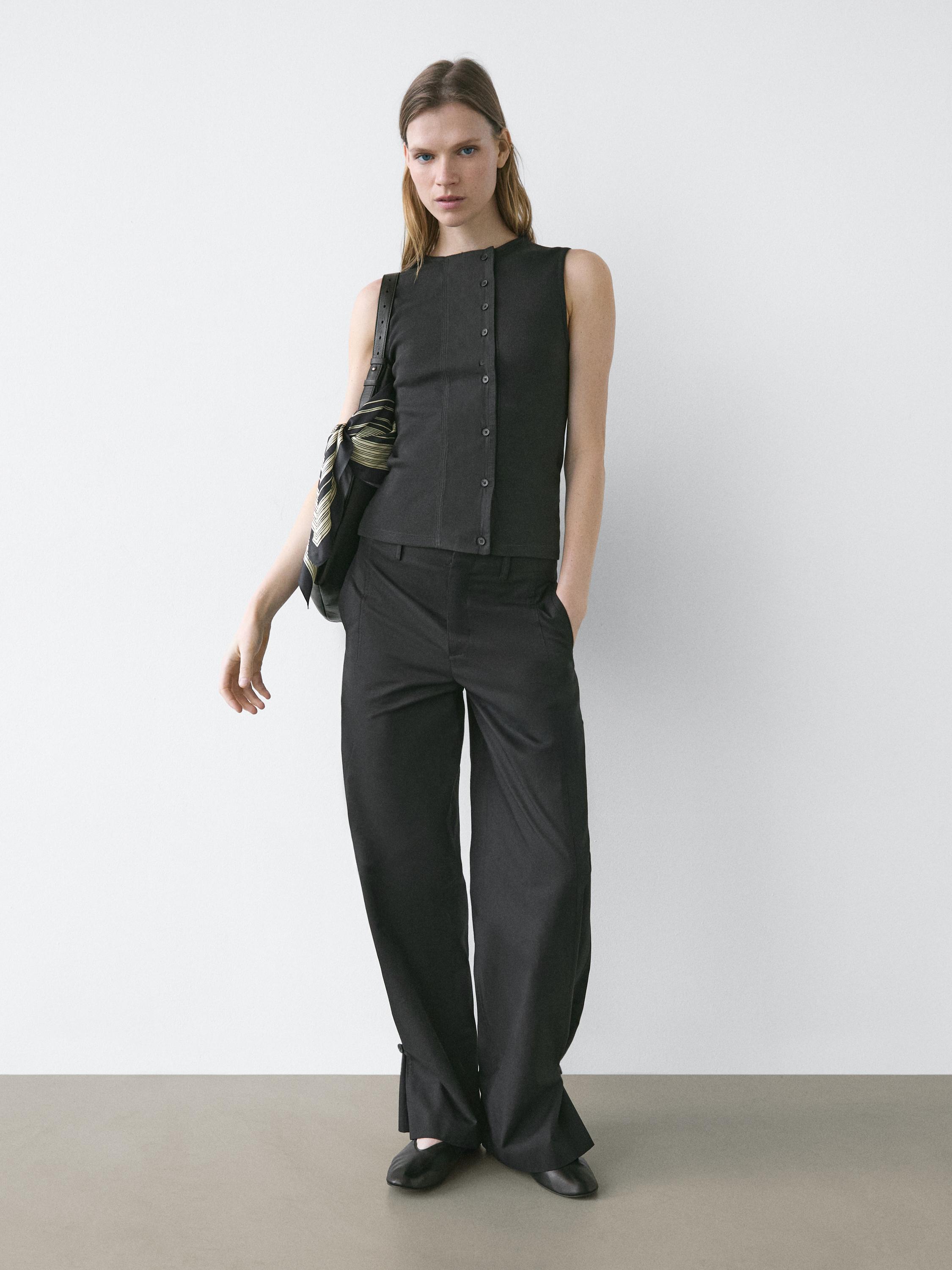 Cotton blend trousers with hem detail — BLACK