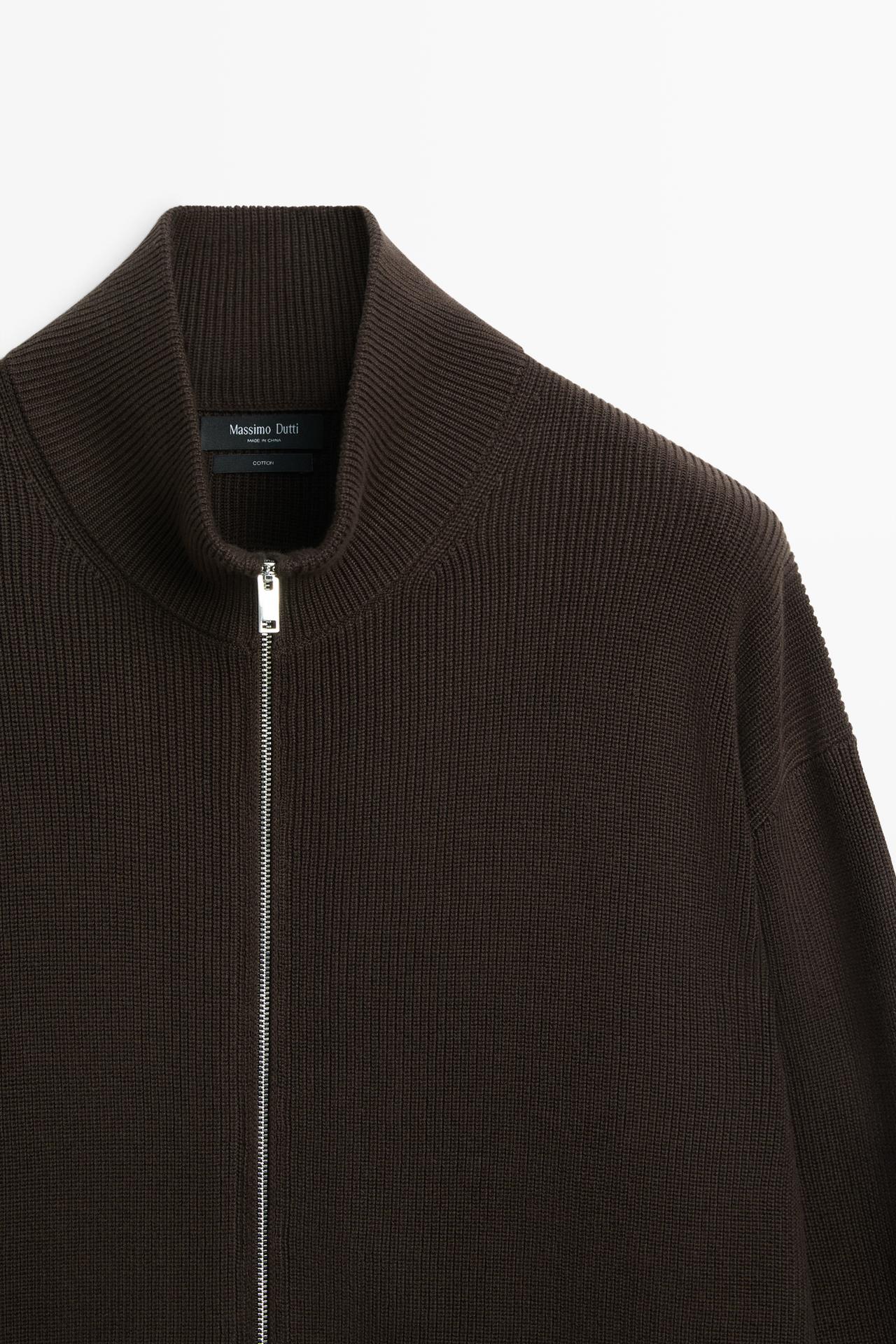 100% cotton ribbed knit cardigan — BROWN MARL