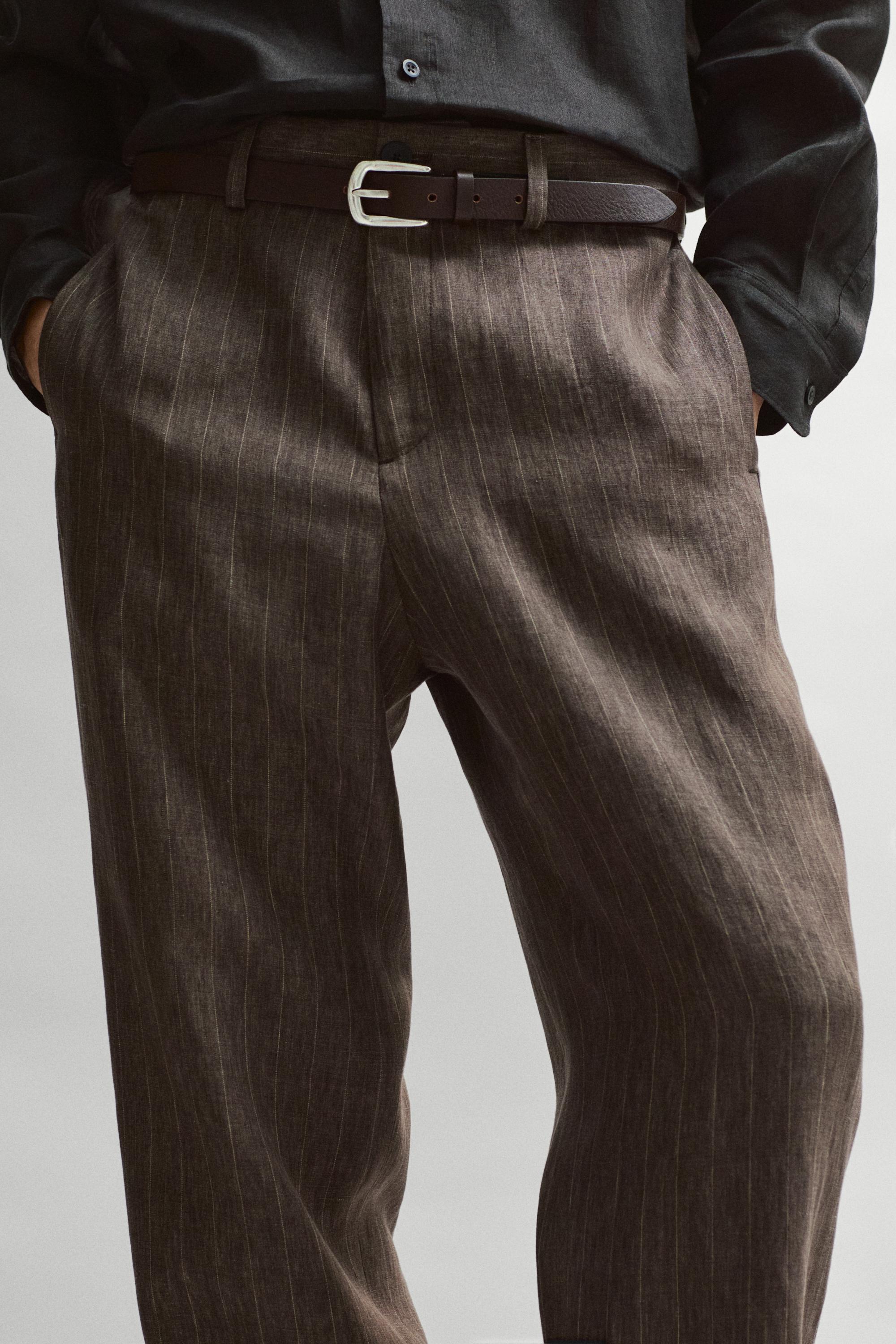 Striped linen trousers — BROWN