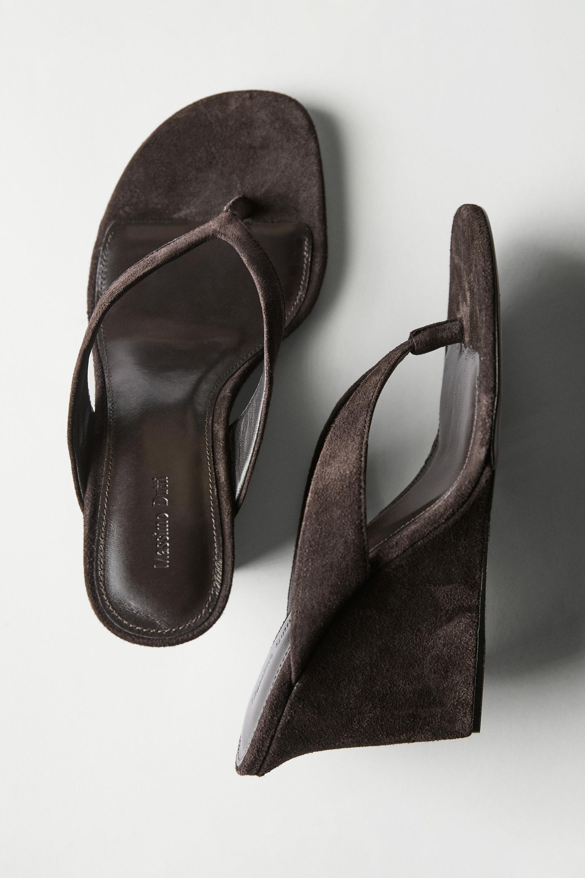 Split leather high-heel wedge sandals — BROWN