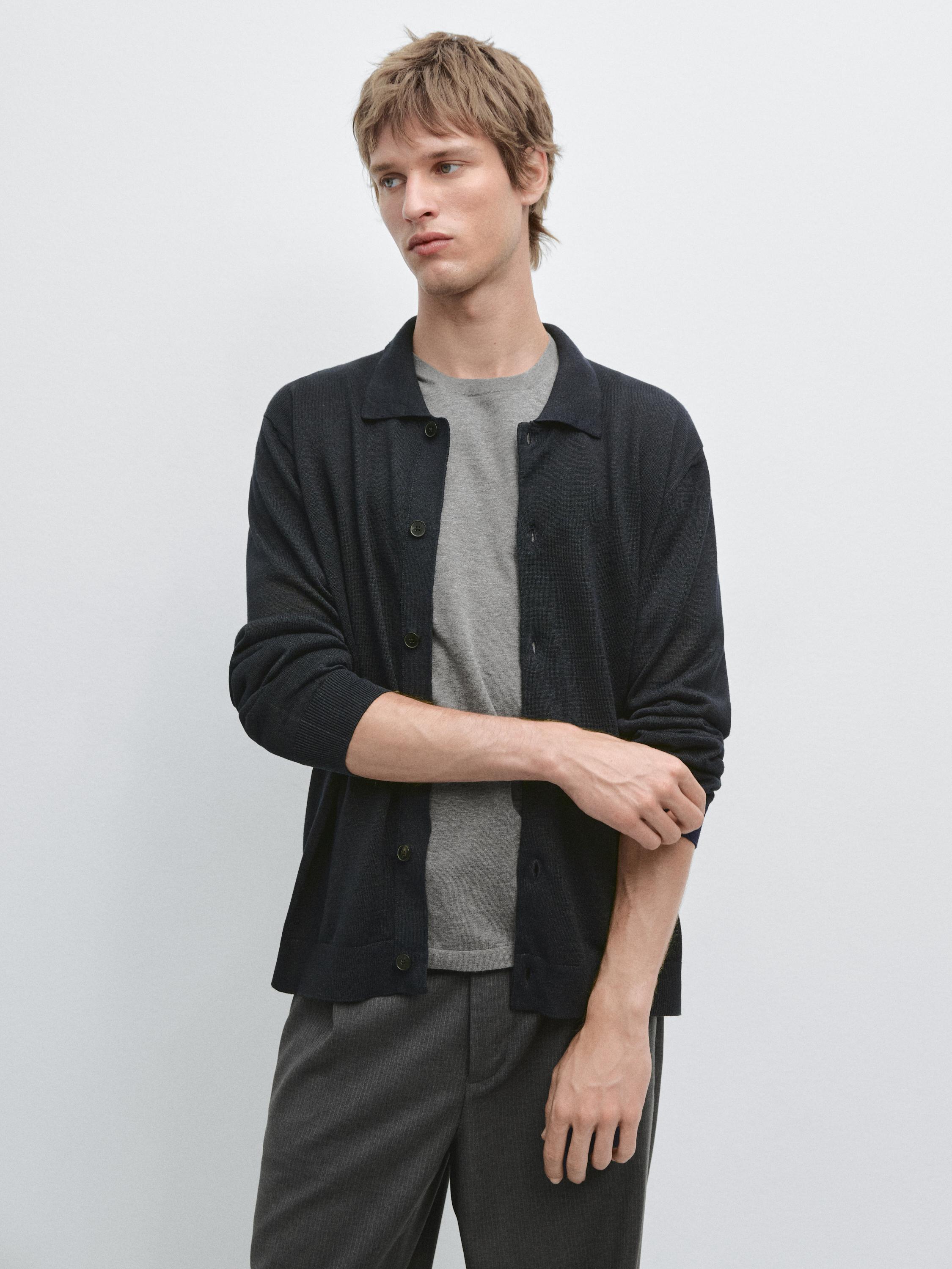 Linen knit cardigan with buttons — NAVY BLUE