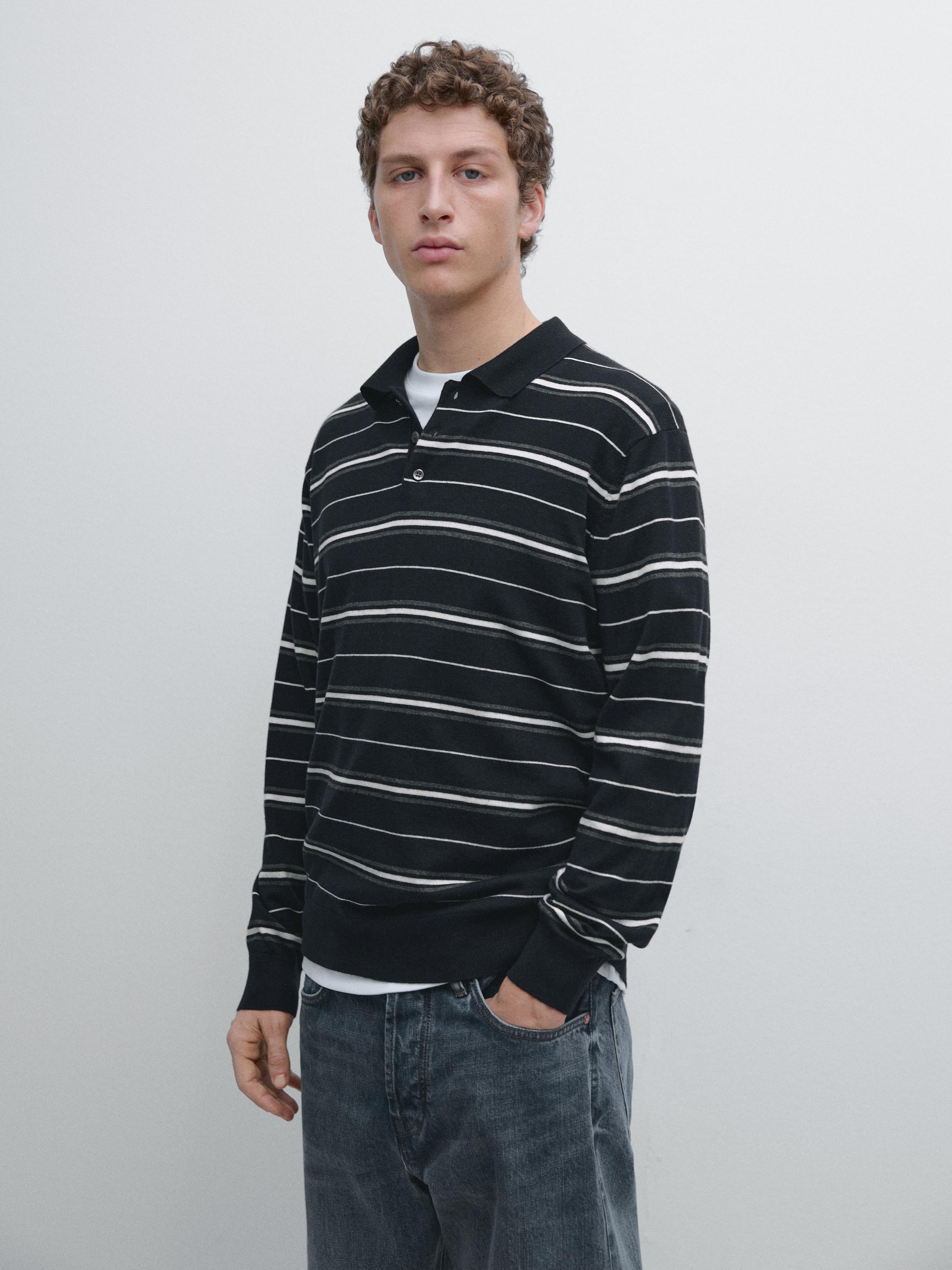 Cotton blend striped knit polo sweater — NAVY BLUE