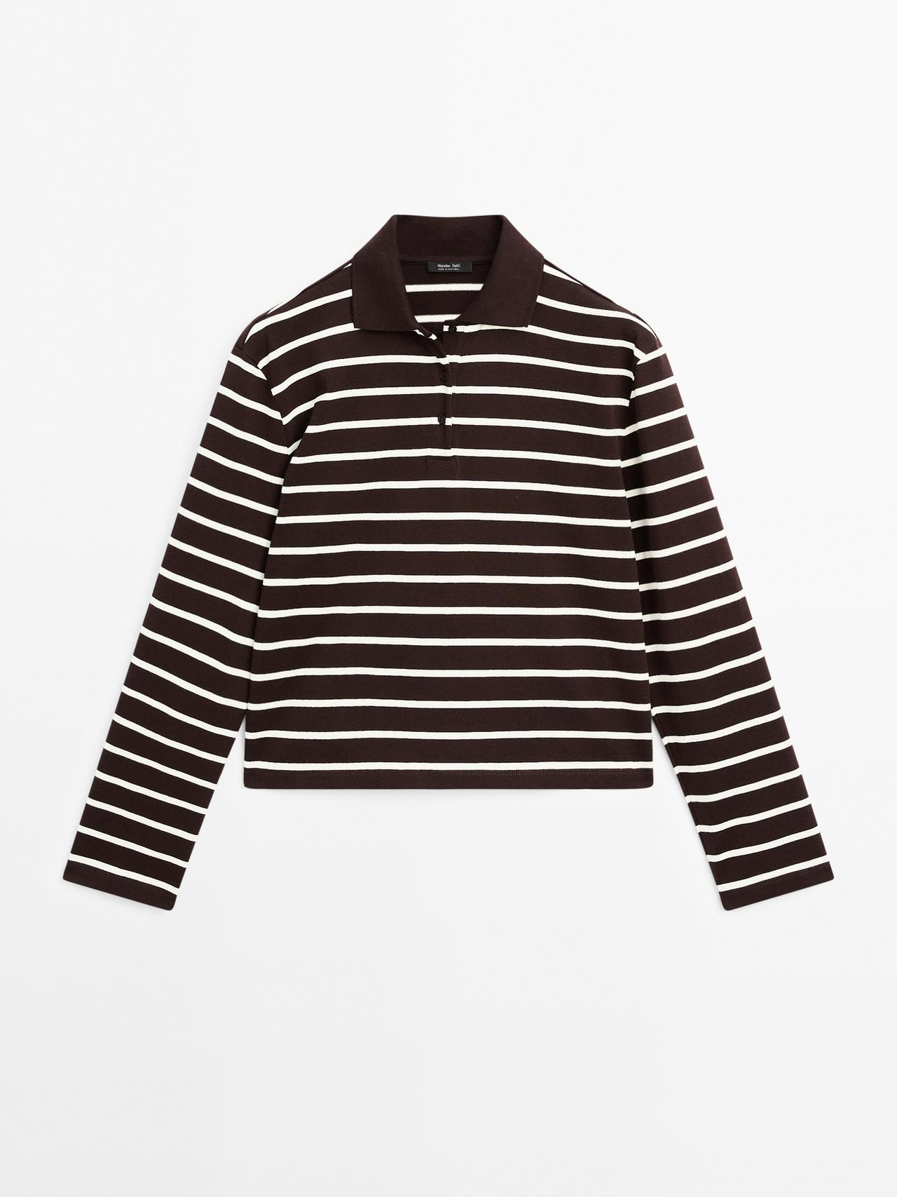 Massimo Dutti - Dame - Stribet Poloshirt I 100 % Bomuld - Brun - L