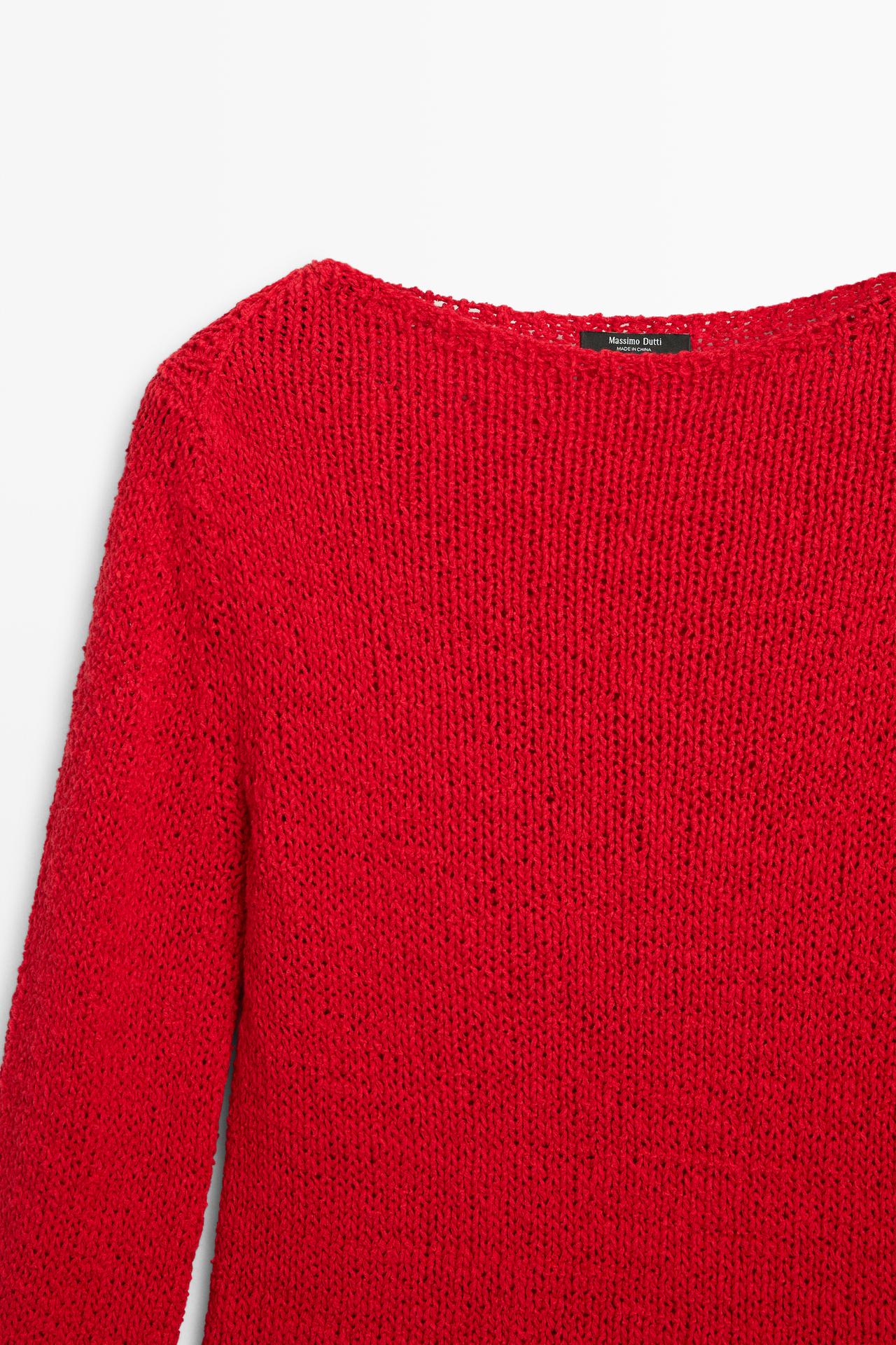 Cotton blend knit boat neck sweater — RED